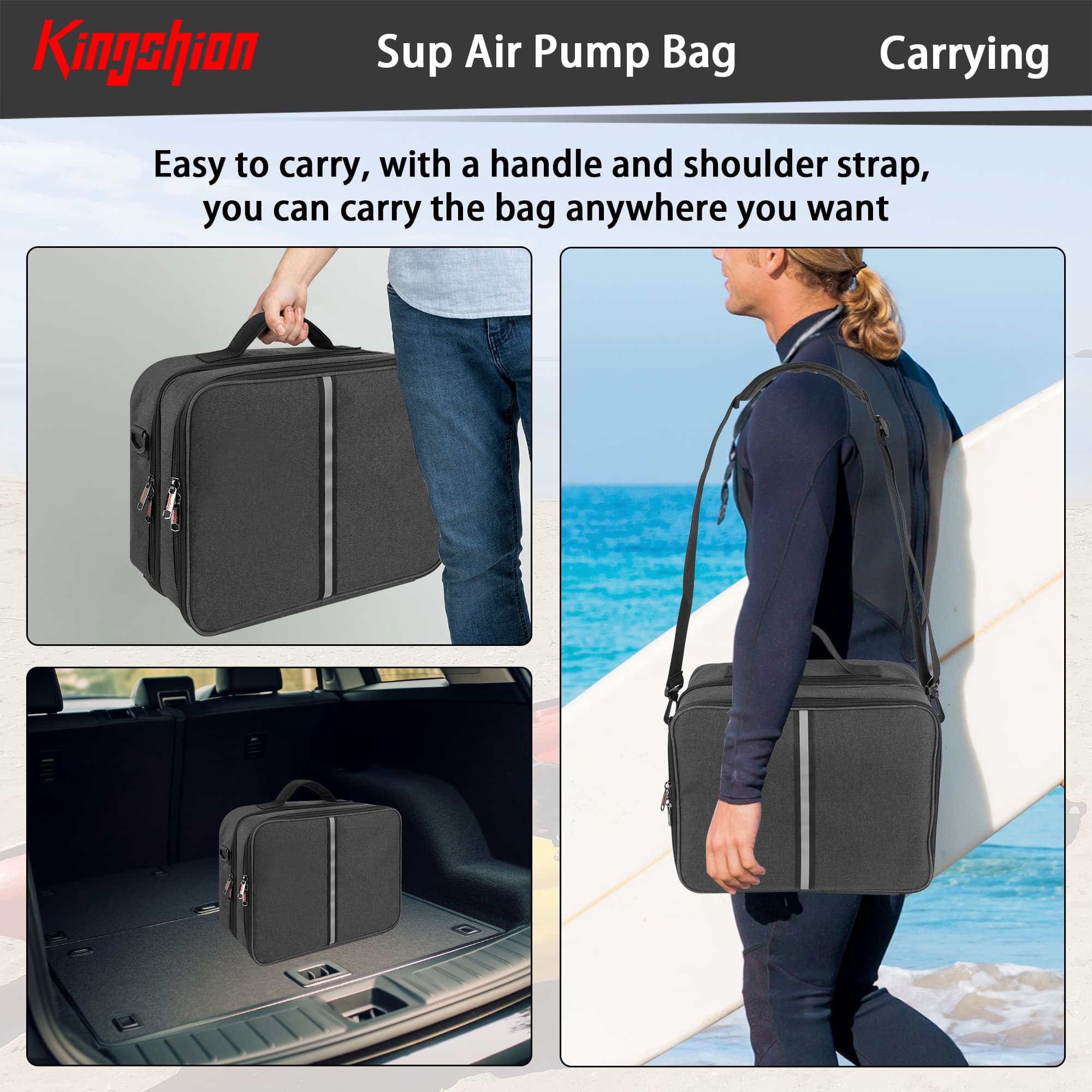 Kingshion Sup Air Pump Bag, Paddle Board Pump Bag, Paddle Board Pump Carry Bag, Double-Deck Sup Electric Pump Storage Bag with Detachable Shoulder Strap Compatible with Most Sup Air Pump, Bag Only - 2