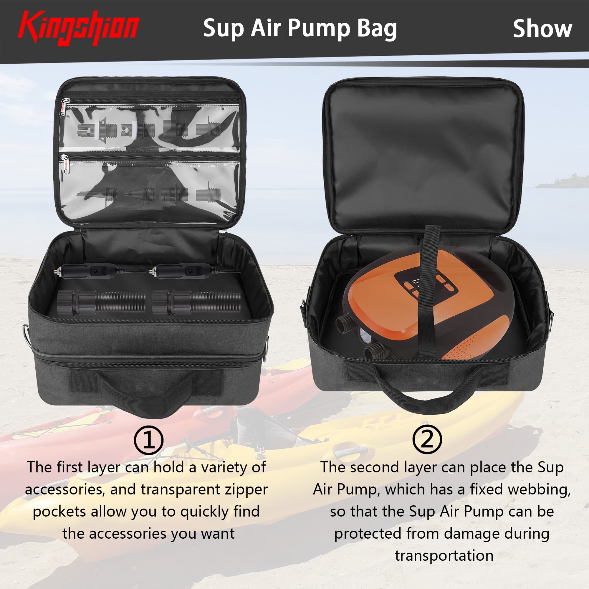 Kingshion Sup Air Pump Bag, Paddle Board Pump Bag, Paddle Board Pump Carry Bag, Double-Deck Sup Electric Pump Storage Bag with Detachable Shoulder Strap Compatible with Most Sup Air Pump, Bag Only - 3