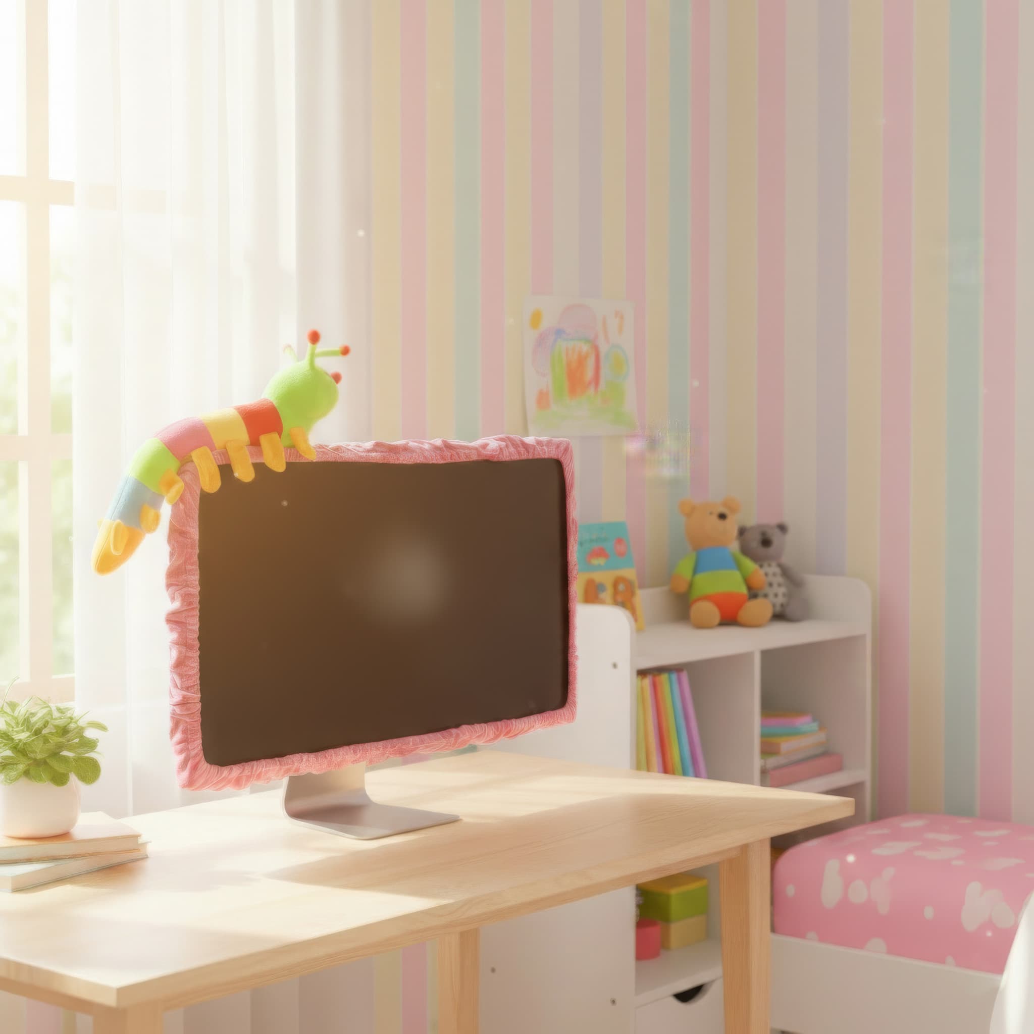 32" Lovely Cute Caterpillar Computer Monitor Cover with Elastic, TV LCD Screen Monitor Decoration Dust Cover Protector, Pink - 5