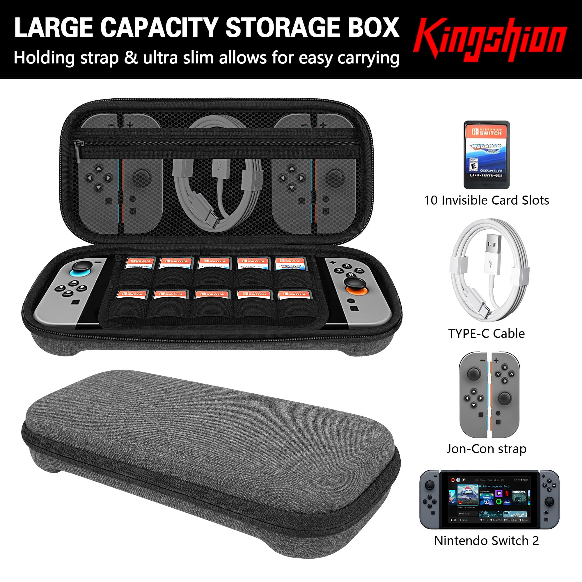 Carrying Case for Switch 2 (2025) - Hard Shell Travel Case with 10 Game Card Slots & Accessory Pocket, Protective Storage Bag for Switch 2 Console - Dark Grey - 2