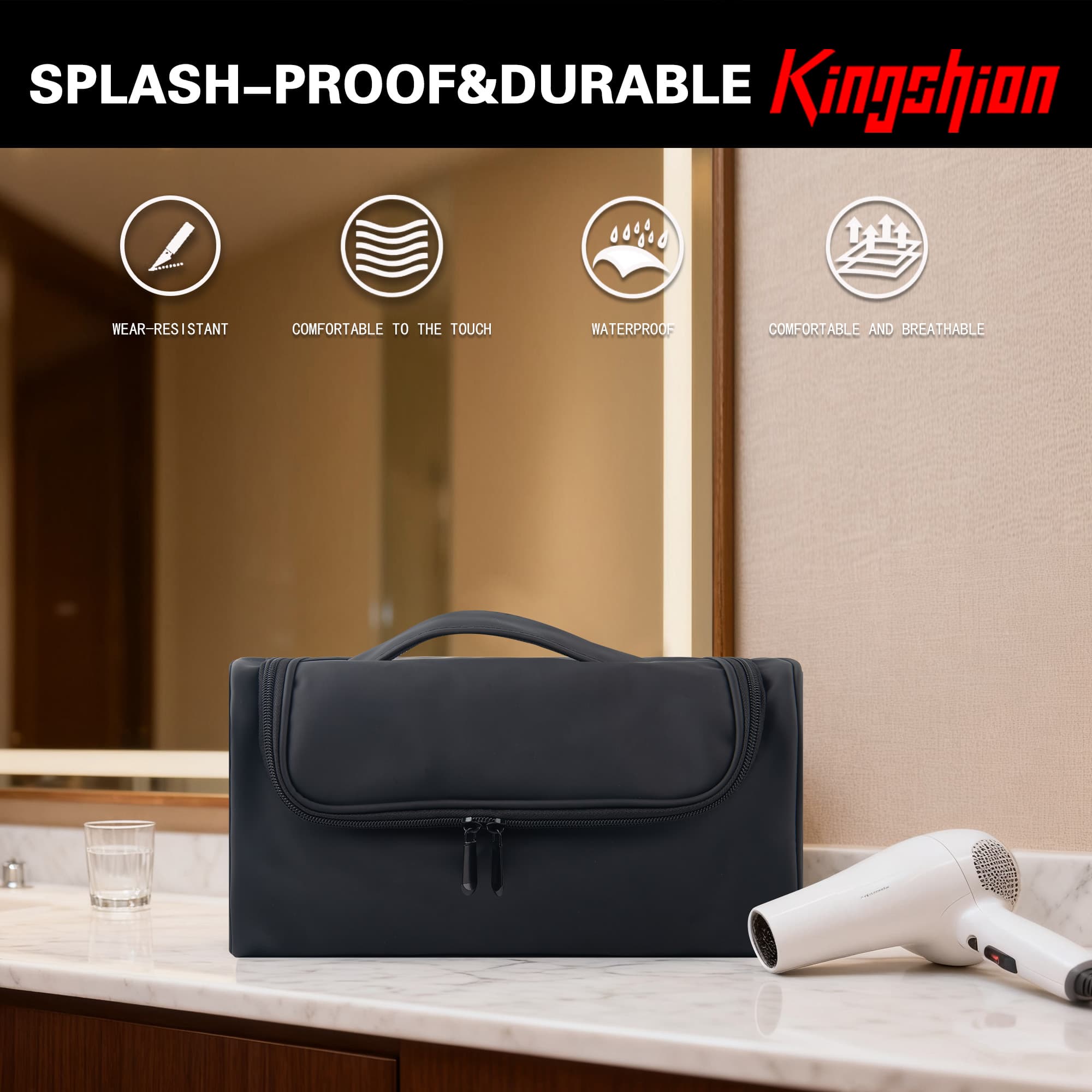 Hair Tool Organizer Case Compatible with Hair Dryer & Curling Iron - Premium Smooth PU Leather Storage Bag with Wall-Mountable Hook, Mesh Pocket, 4 Slots for Detachable Replacement Heads (Black) - 5