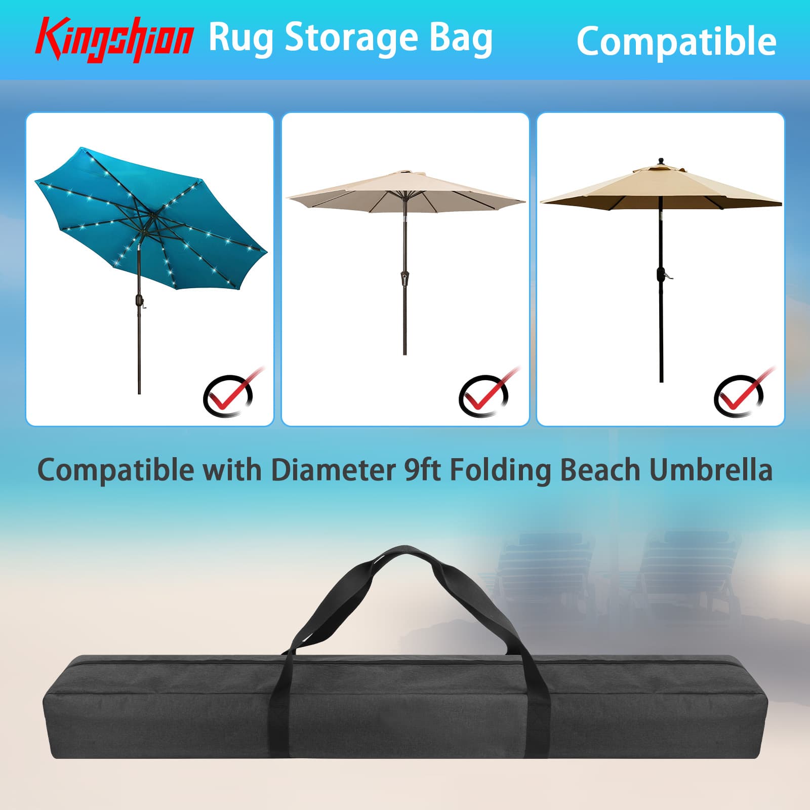 Kingshion 57 Inch Waterproof Patio Umbrella Storage Bag - Heavy-Duty Oxford Fabric Cover for 9ft Folding Beach Umbrellas, Compatible with Blissun/Sunnyglade/Sunshine Tempera -Dark Grey - 1
