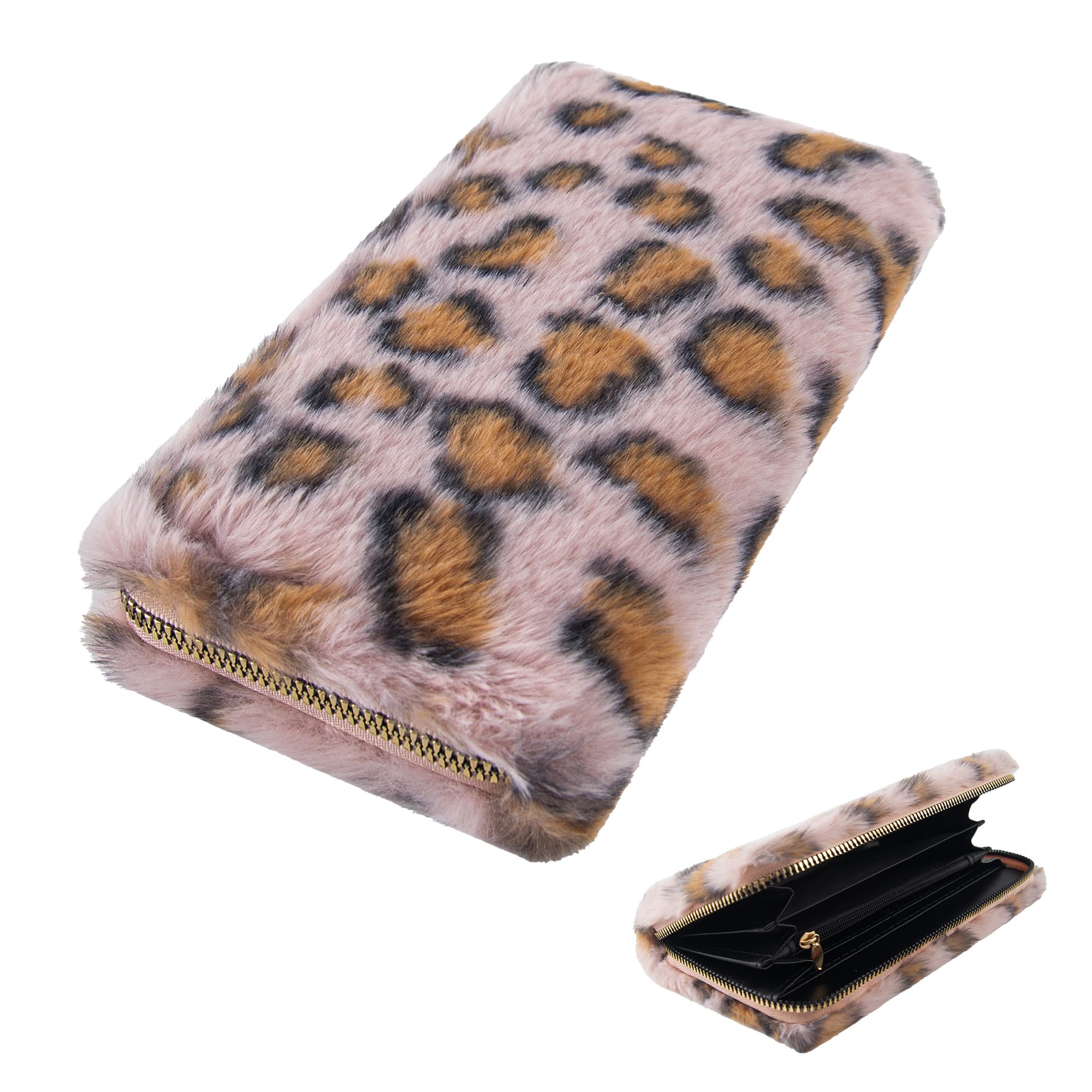 Leopard Print Fuzzy Clutch Wallet - Plush Faux Fur Handbag with 5 Bill Compartment, 8 Card Slots & Zipper Coin Pocket, Durable Scratch Prevention Multi-Pocket Handle Purse for Women (Pink)