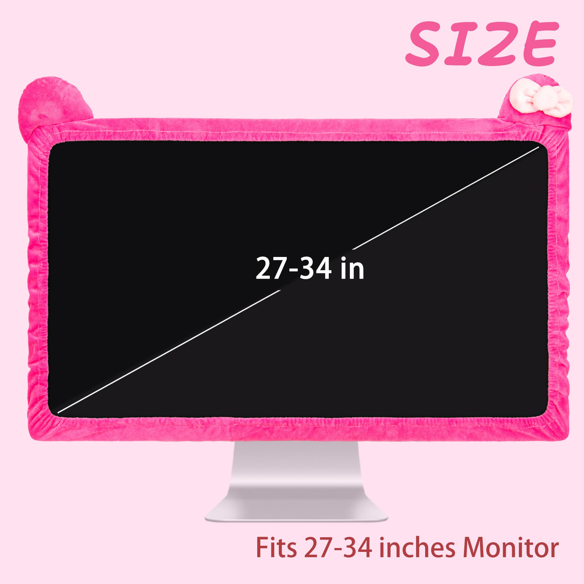 Kingshion 27"-34" Lovely Cute Computer Monitor Cover with Cat Ear Design, Kawaii Display Dust Cover with Furry Design, Elastic Dustproof, Suitable for PC, Tablet, TV, LCD (Rose Red) - 1