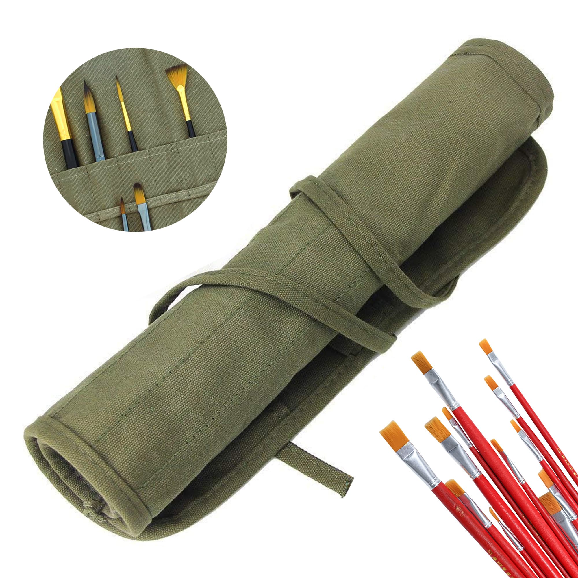 Kingshion 22 Slot Paint Brush Storage Bag, Watercolor Canvas Roll Up Artist Gouache Oil Paint Brush Pouch,  Pencil Pen Storage Bag (Green)