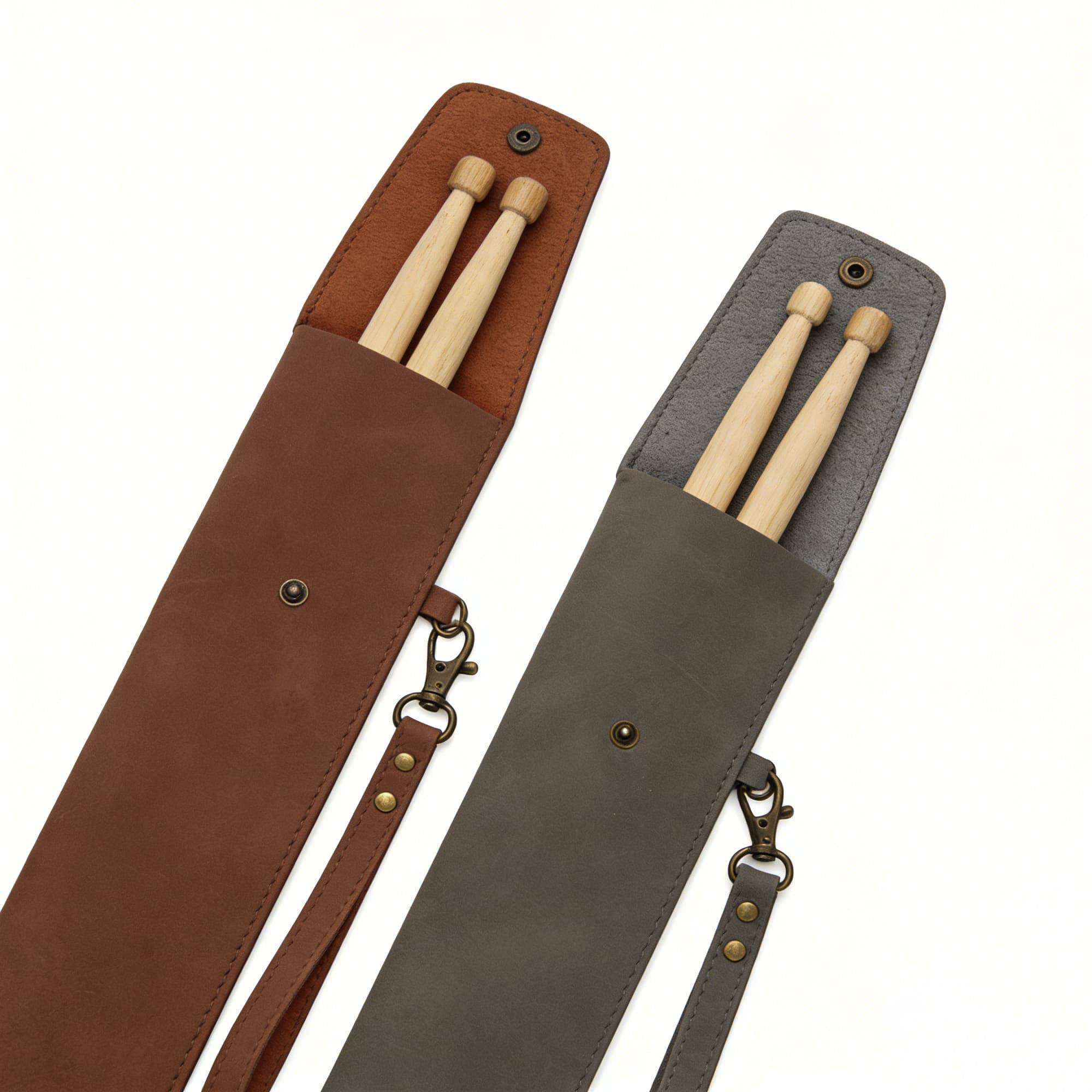 2 Pack Drumstick Storage Bag - Premium PU Leather Drum Stick Case with Handle (Gray & Brown) - Portable Percussion Organizer for Drummers, Gig/Band Practice Accessories - 3
