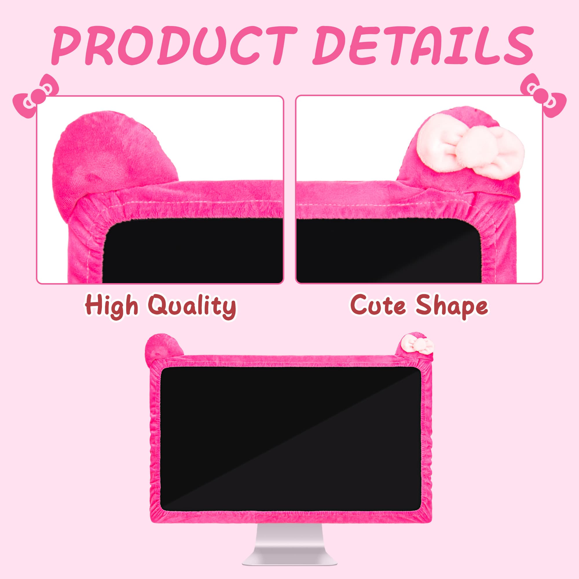 22"-27" Lovely Cute Computer Monitor Cover with Cat Ear Design, Kawaii Display Dust Cover with Furry Design, Elastic Dustproof, Suitable for PC, Tablet, TV, LCD (Rose Red) - 2