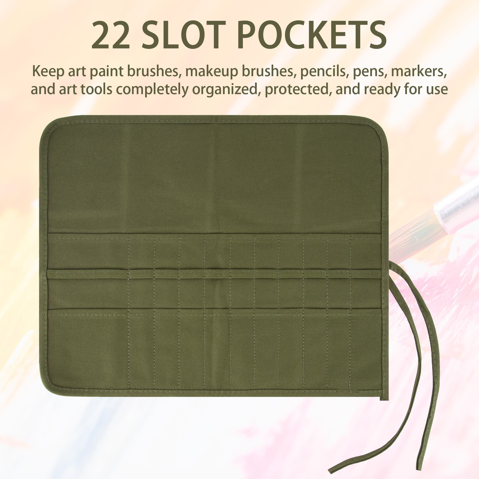 22 Slot Paint Brush Storage Bag, Canvas Roll Up Artist Paint Brush Pouch, Watercolor Gouache Oil Paint Brush Holder, Pencil Pen Storage Bag (Green) - 2