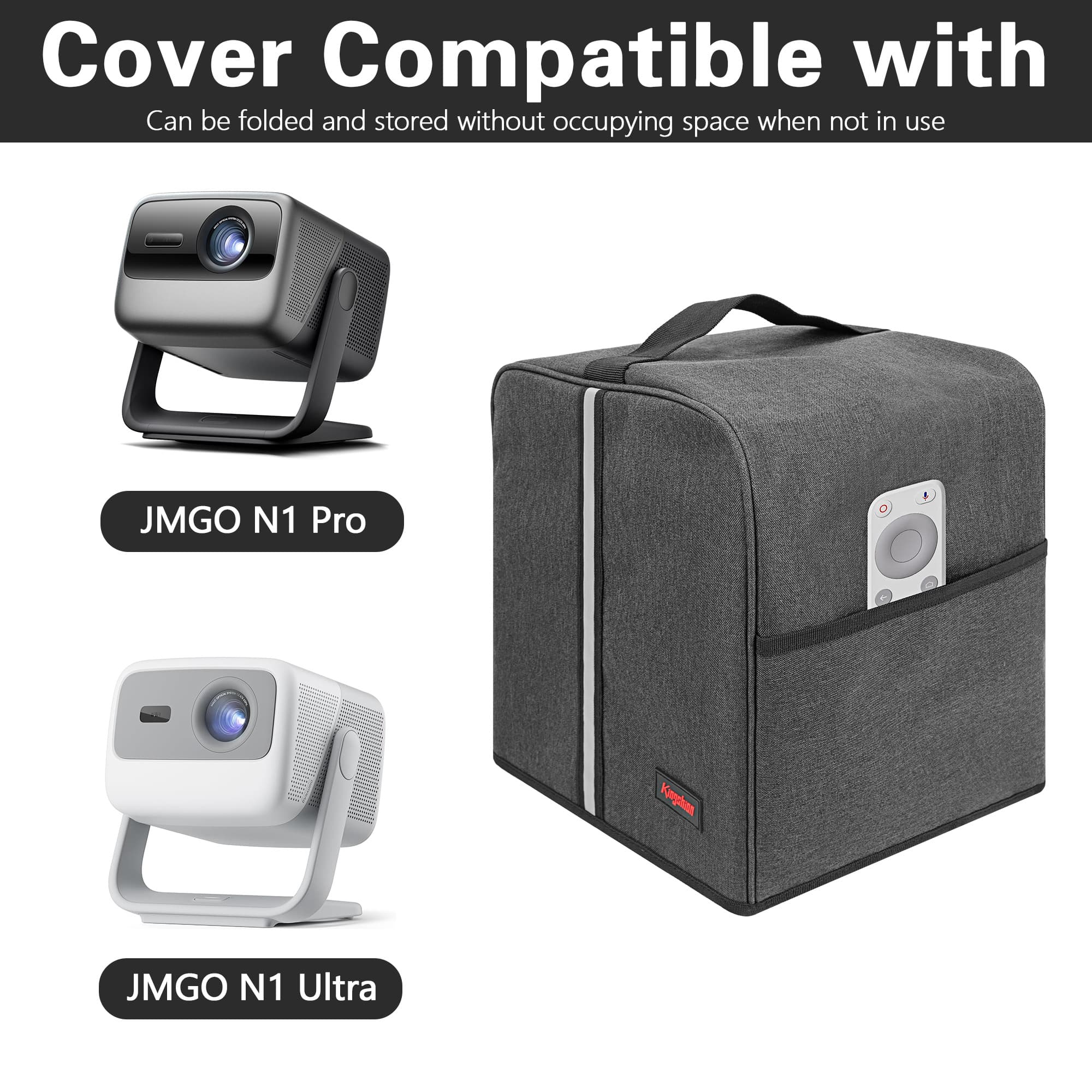 Kingshion Projector Dust Cover for JMGO N1 Pro/N1 Ultra, Waterproof Projector Protector Case with Pocket for Accessories-Dark Gray - 3