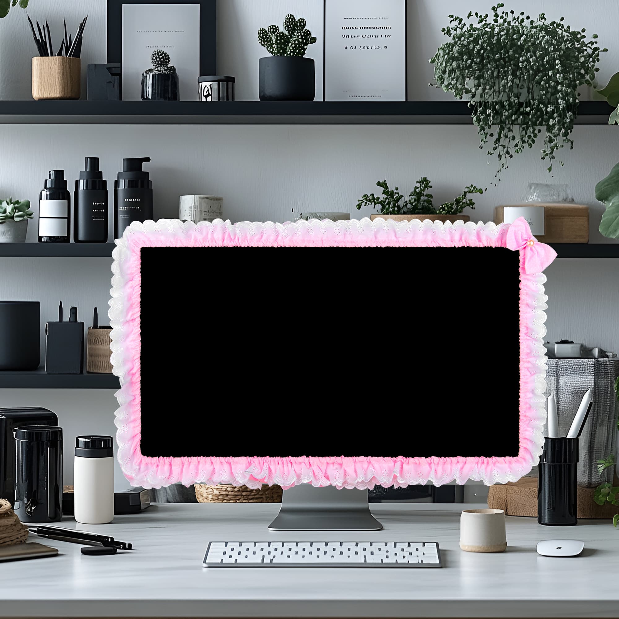 Kingshion 32"-38" Lovely Cute Computer Monitor Cover with Lovely Cute Elastic Pen Pocket Bow-knot TV LCD Screen Monitor Decoration Dust Cover Protector, Lace Fabric- Pink - 5