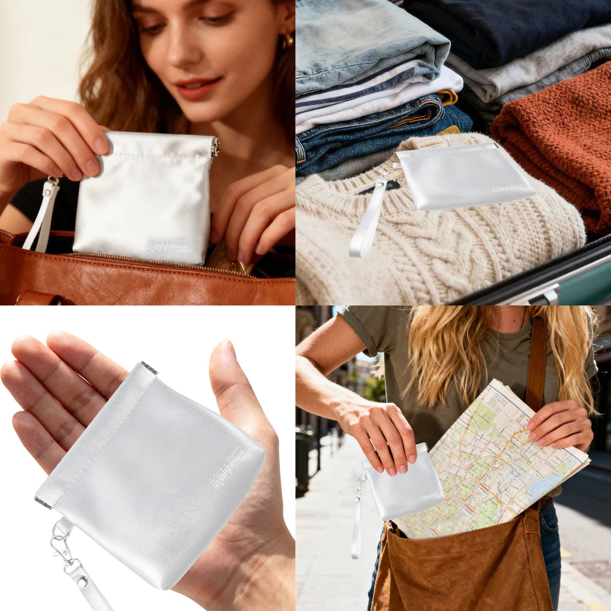 Snap Button Closure Pouch, 4.3 in Storage Organizer with Detachable Wrist Strap & 12 Constellation Badges - Self-closing Multipurpose Bag for Cosmetics, Lipstick, Earbuds, Change, Jewelry (Light Gray) - 5