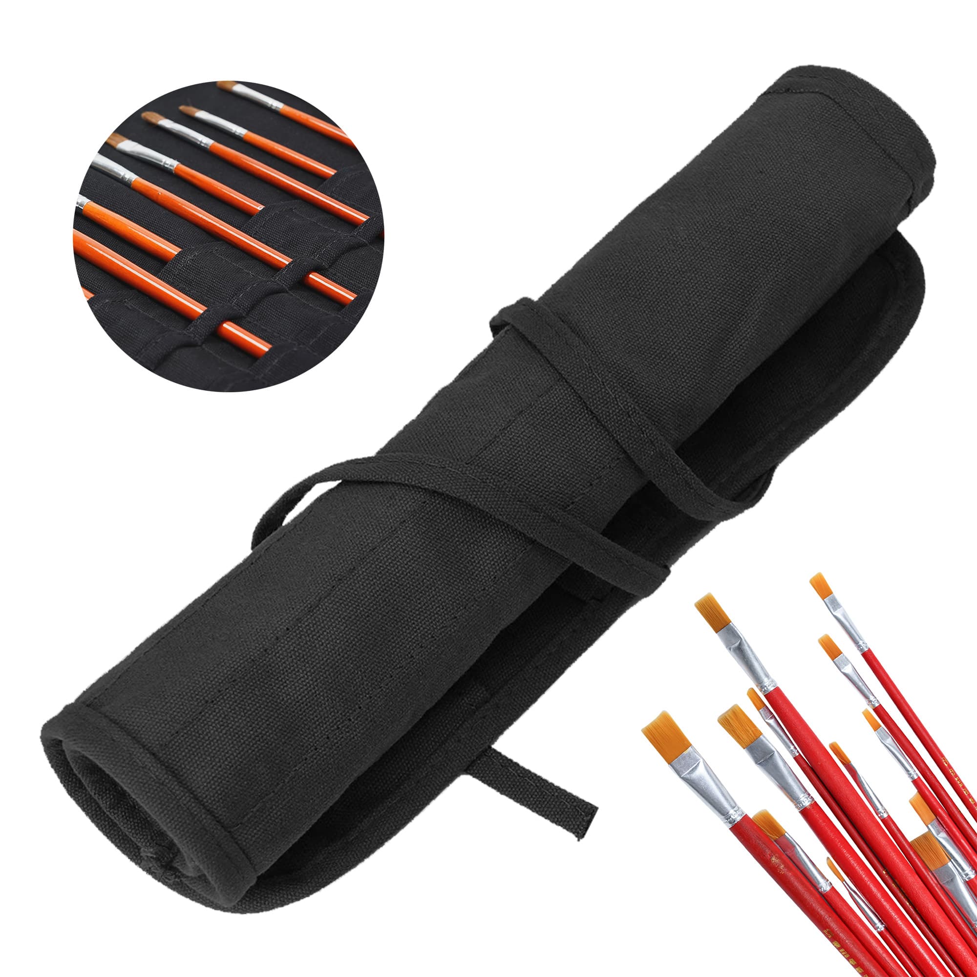 Kingshion 22 Slot Paint Brush Storage Bag, Canvas Roll Up Artist Paint Brush Pouch, Watercolor Gouache Oil Paint Brush Holder, Pencil Pen Storage Bag (Black)
