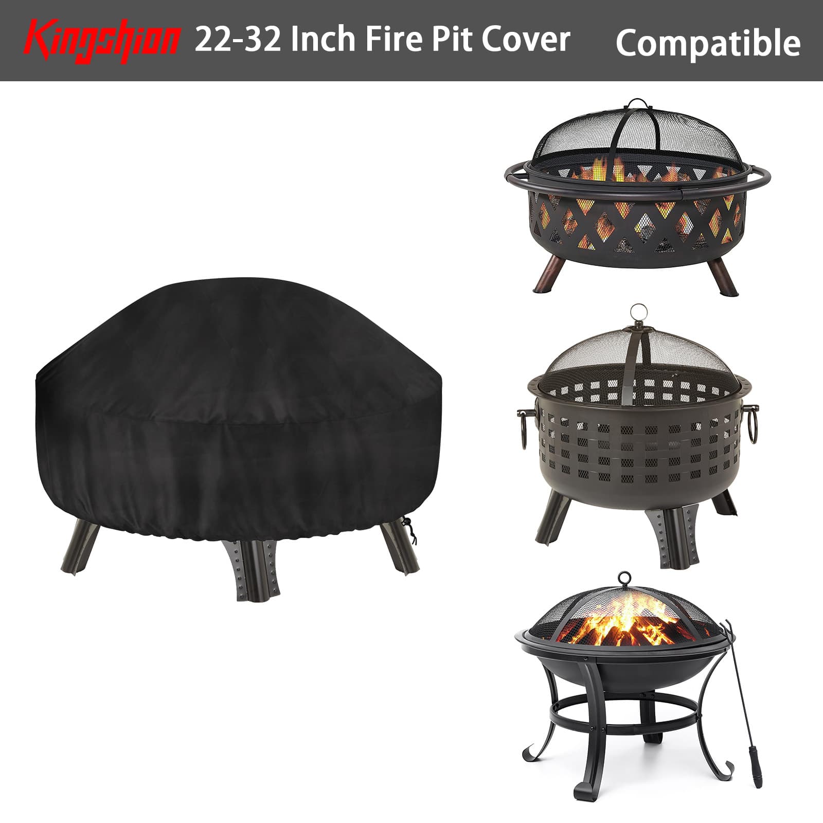 Kingshion 22-32 Inch Fire Pit Cover with Storage Bag, Dustproof Outdoor Fire Pit Table Cover,  Heavy Duty Polyester Firepit Cover Round with Windproof Drawstring & Waterproof Layer, Black - 3