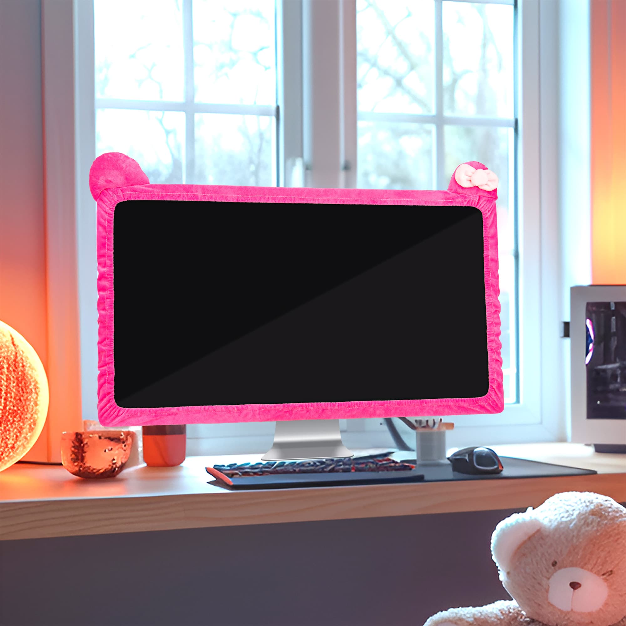 Kingshion 27"-34" Lovely Cute Computer Monitor Cover with Cat Ear Design, Kawaii Display Dust Cover with Furry Design, Elastic Dustproof, Suitable for PC, Tablet, TV, LCD (Rose Red) - 5