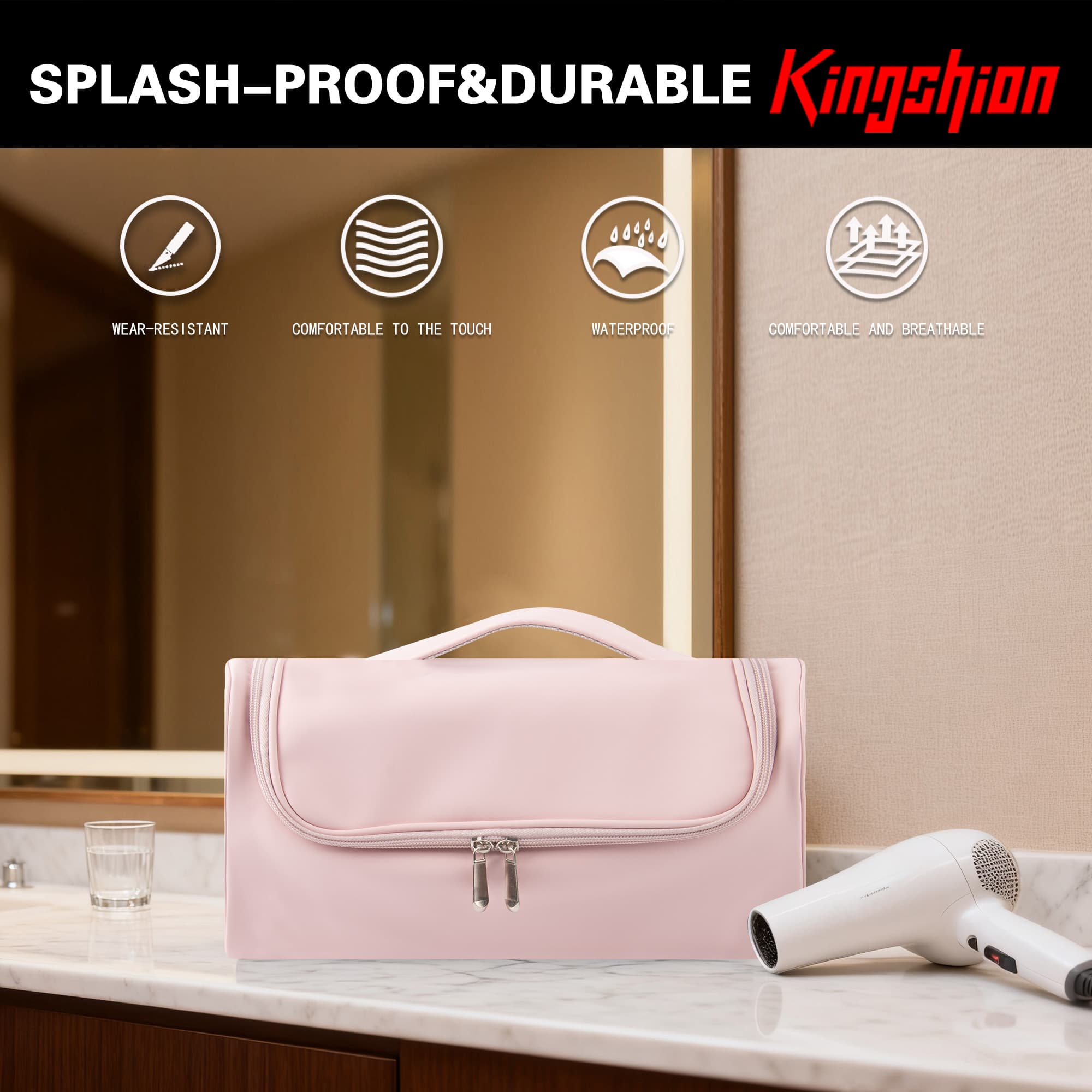 Hair Tool Organizer Case Compatible with Hair Dryer & Curling Iron - Premium Smooth PU Leather Storage Bag with Wall-Mountable Hook, Mesh Pocket, 4 Slots for Detachable Replacement Heads (Pink) - 5