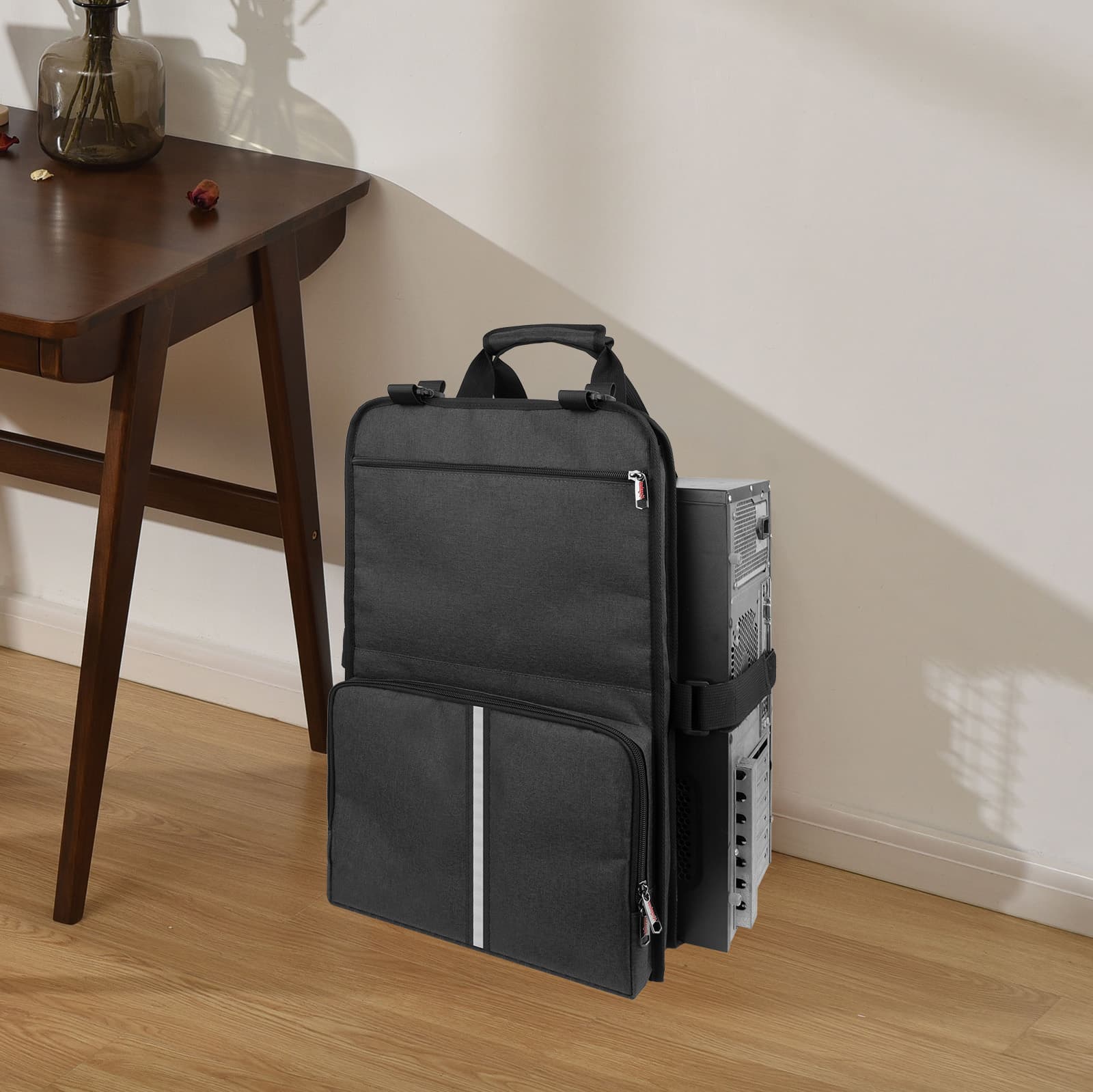Kingshion Portable Pc Case with Handle, Desktop Computer Case Belt Holder with Pockets for Keyboard,Cable, Headphone, Ideal for Transporting On The Go - Dark Grey - 3