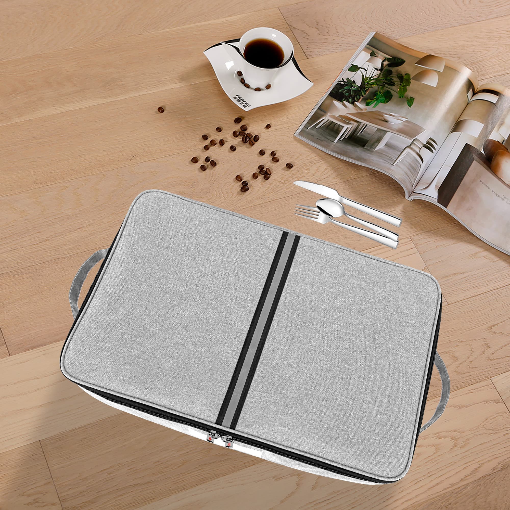 Kingshion Flatware Storage Case-5 Compartment Silverware Storage Container Box with Removable Lid and Easy to Carry Handles,Cutlery Storage Holder with Zipper Lid for Organizing Cutlery - Light Gray - 5