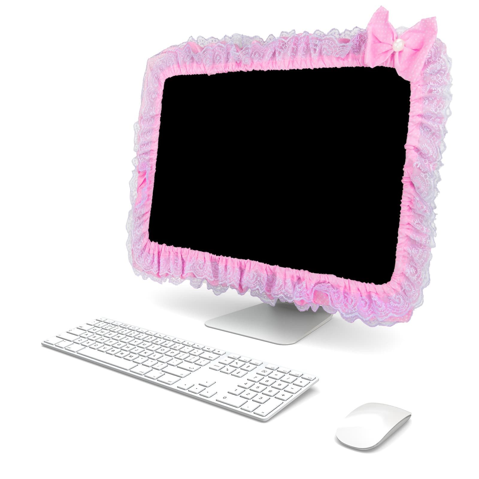 24" Lovely Cute Lace Computer Monitor Cover with Elastic, Bow-knot TV LCD Screen Monitor Decoration Dust Cover Protector, Pink - 2