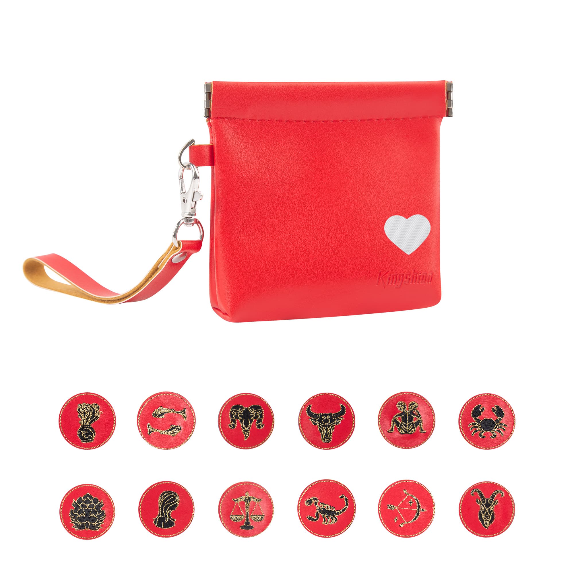 Snap Button Closure Pouch, 4.3 in Storage Organizer with Detachable Wrist Strap & 12 Constellation Badges - Self-closing Multipurpose Bag for Cosmetics, Lipstick, Earbuds, Change, Jewelry (Red)