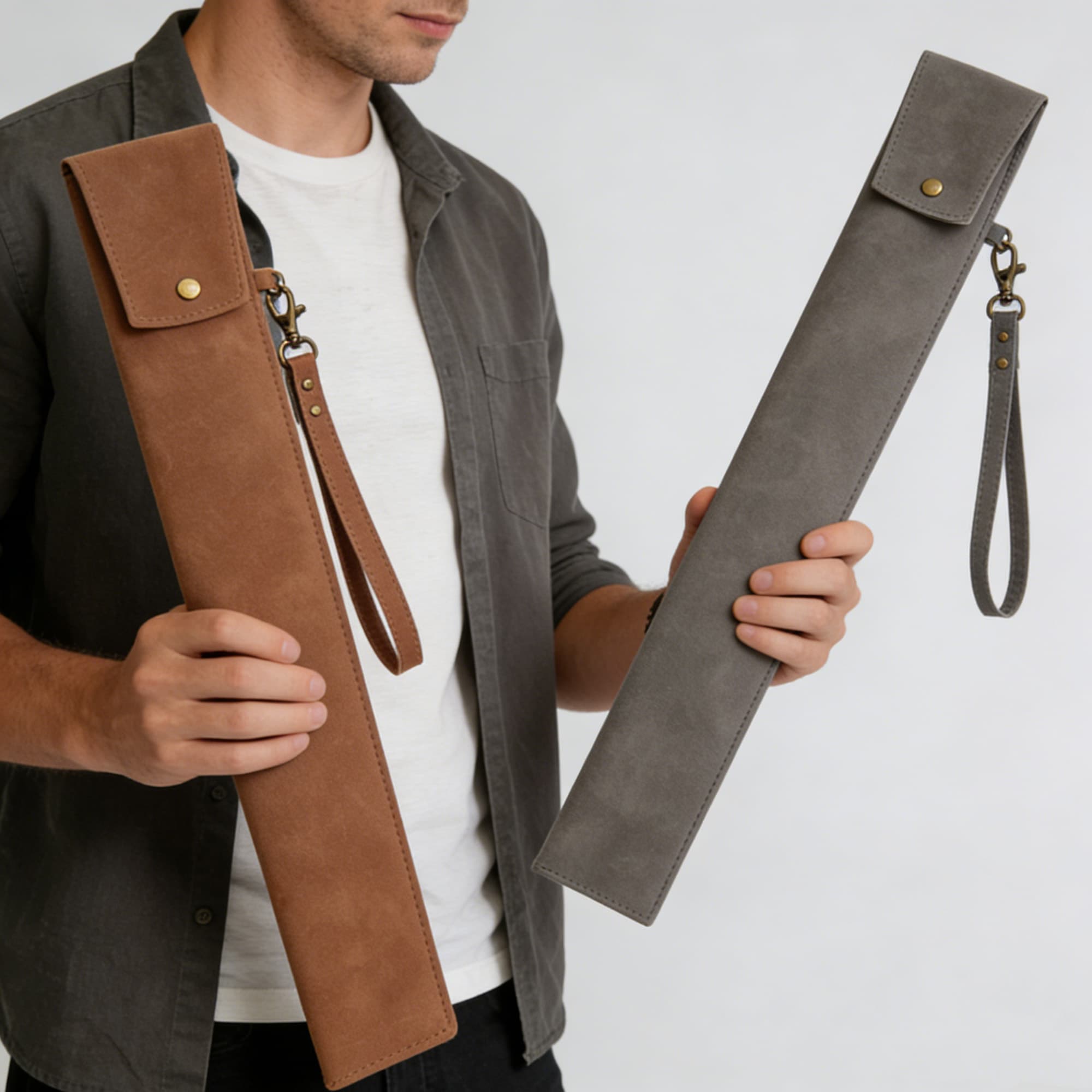 2 Pack Drumstick Storage Bag - Premium PU Leather Drum Stick Case with Handle (Gray & Brown) - Portable Percussion Organizer for Drummers, Gig/Band Practice Accessories - 4