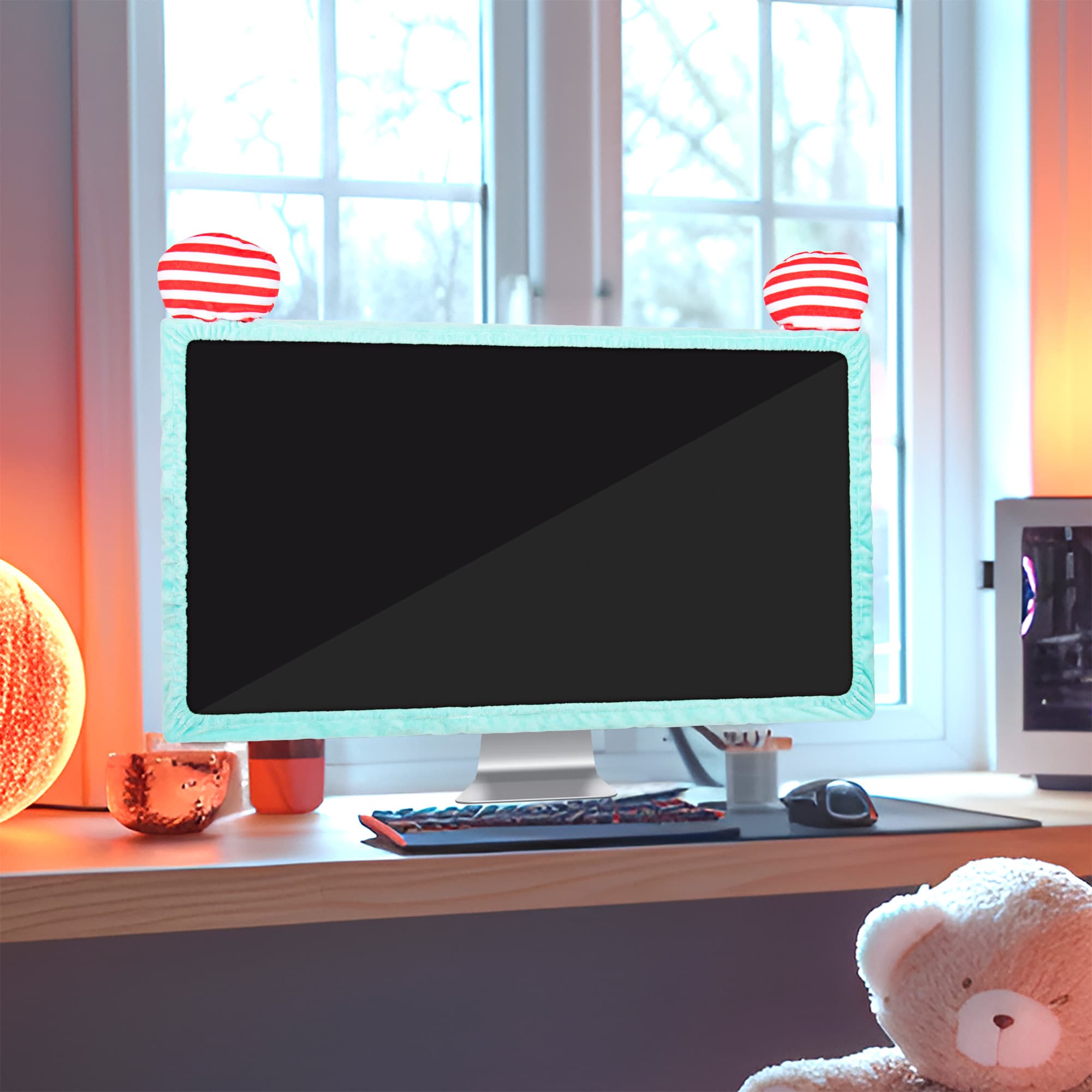 22"-27" Lovely Cute Computer Monitor Cover with Cute Striped Design, Kawaii Display Dust Cover with Furry Design - 5