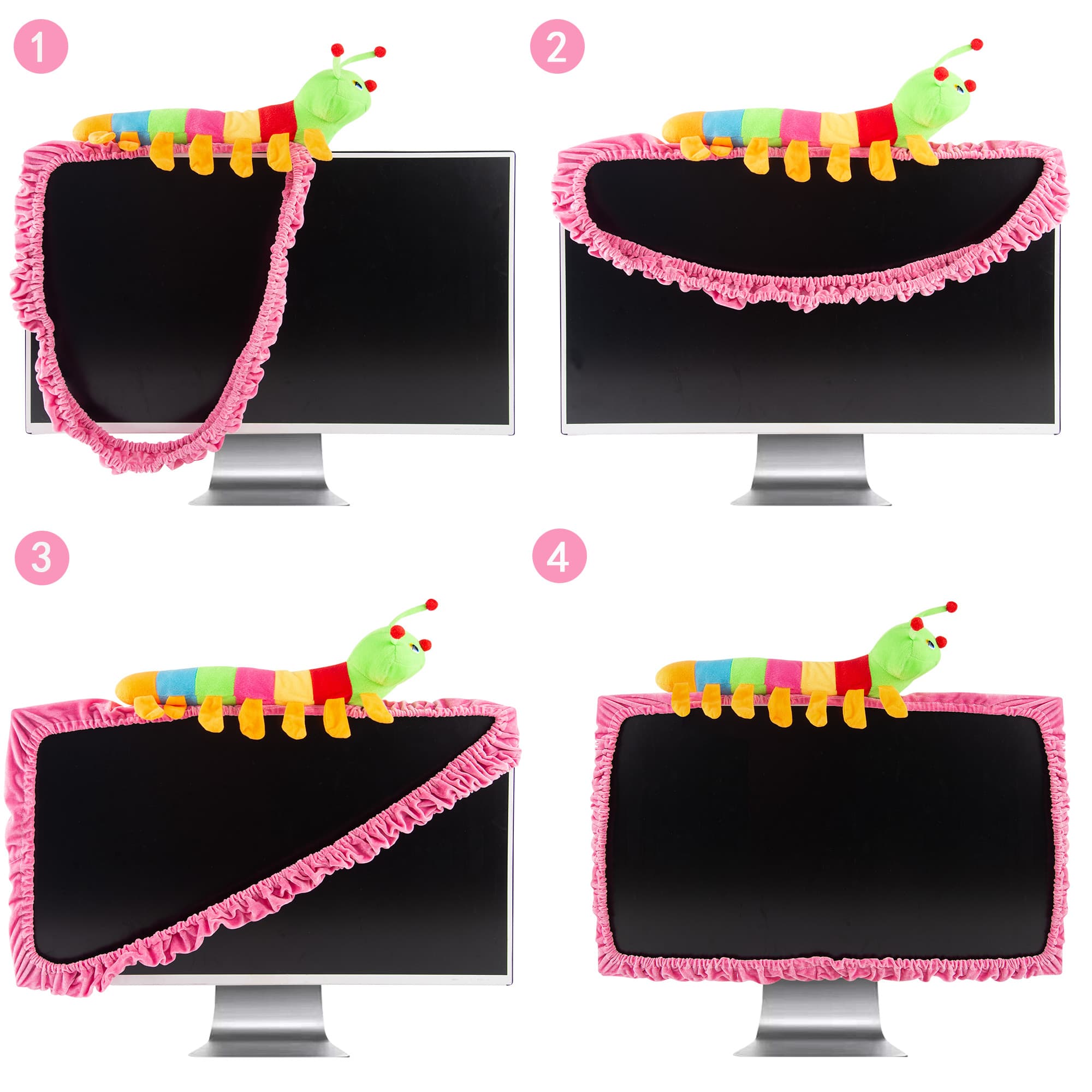 32" Lovely Cute Caterpillar Computer Monitor Cover with Elastic, TV LCD Screen Monitor Decoration Dust Cover Protector, Pink - 2