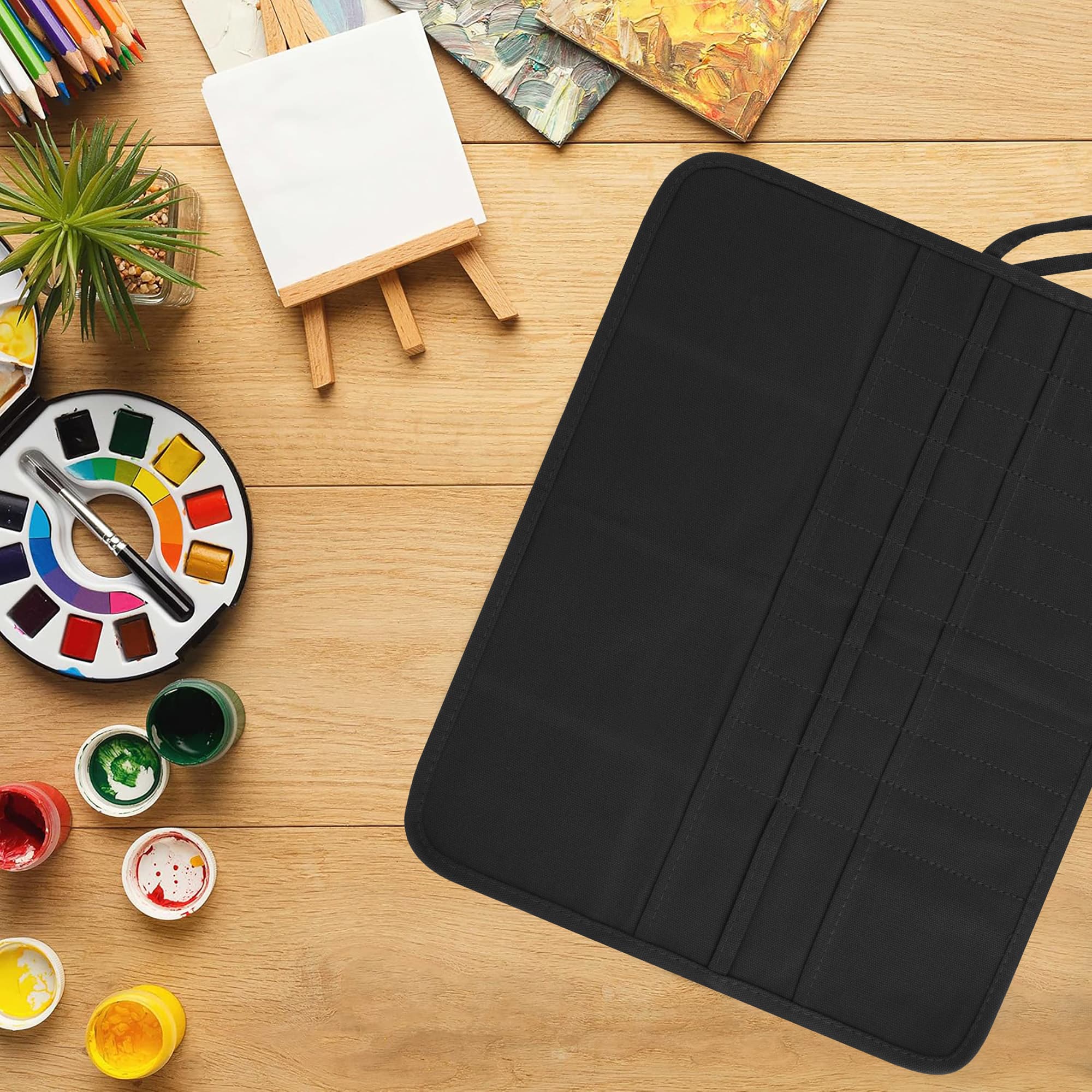 Kingshion 22 Slot Paint Brush Storage Bag, Canvas Roll Up Artist Paint Brush Pouch, Watercolor Gouache Oil Paint Brush Holder, Pencil Pen Storage Bag (Black) - 5