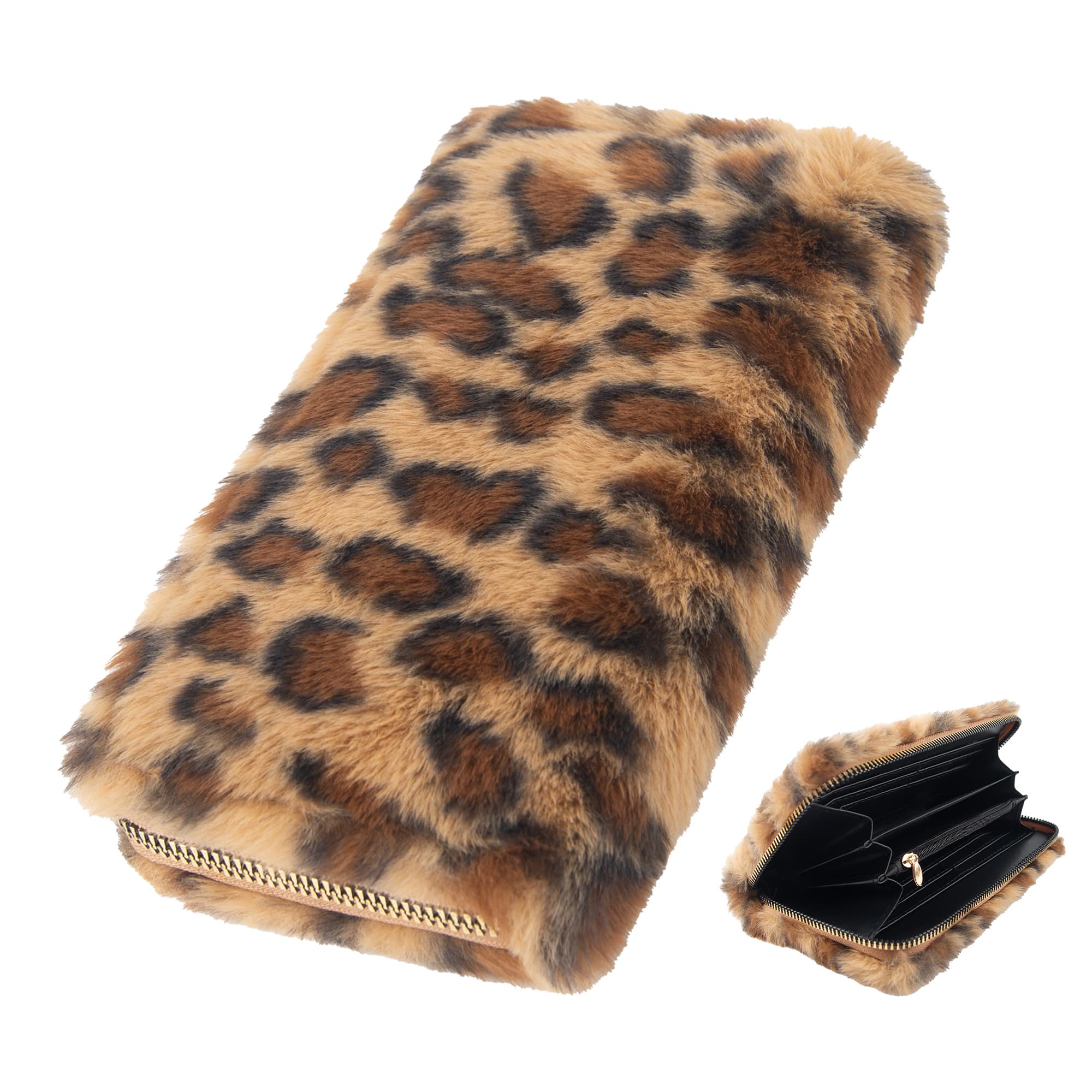 Leopard Print Fuzzy Clutch Wallet - Plush Faux Fur Handbag with 5 Bill Compartment, 8 Card Slots & Zipper Coin Pocket, Durable Scratch Prevention Multi-Pocket Handle Purse for Women (Brown)