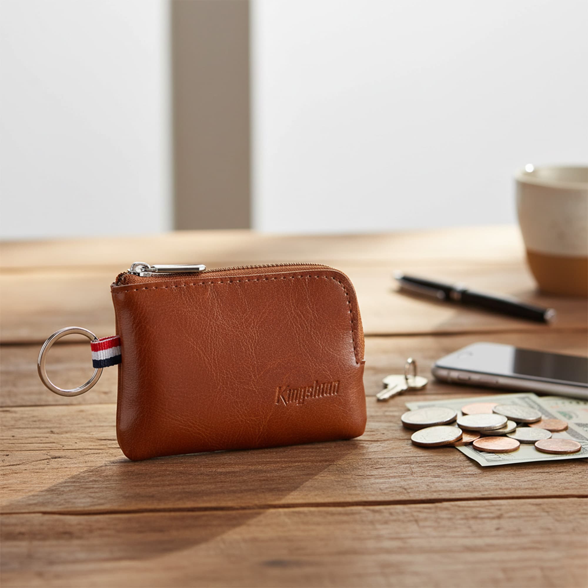 Genuine Leather Mini Coin Purse Keychain, Small Change Pouch Wallet with Clip Ring and Inner Key Holder, Compact Coin Wallet for Keys, Coins, Cash (Brown) - 3