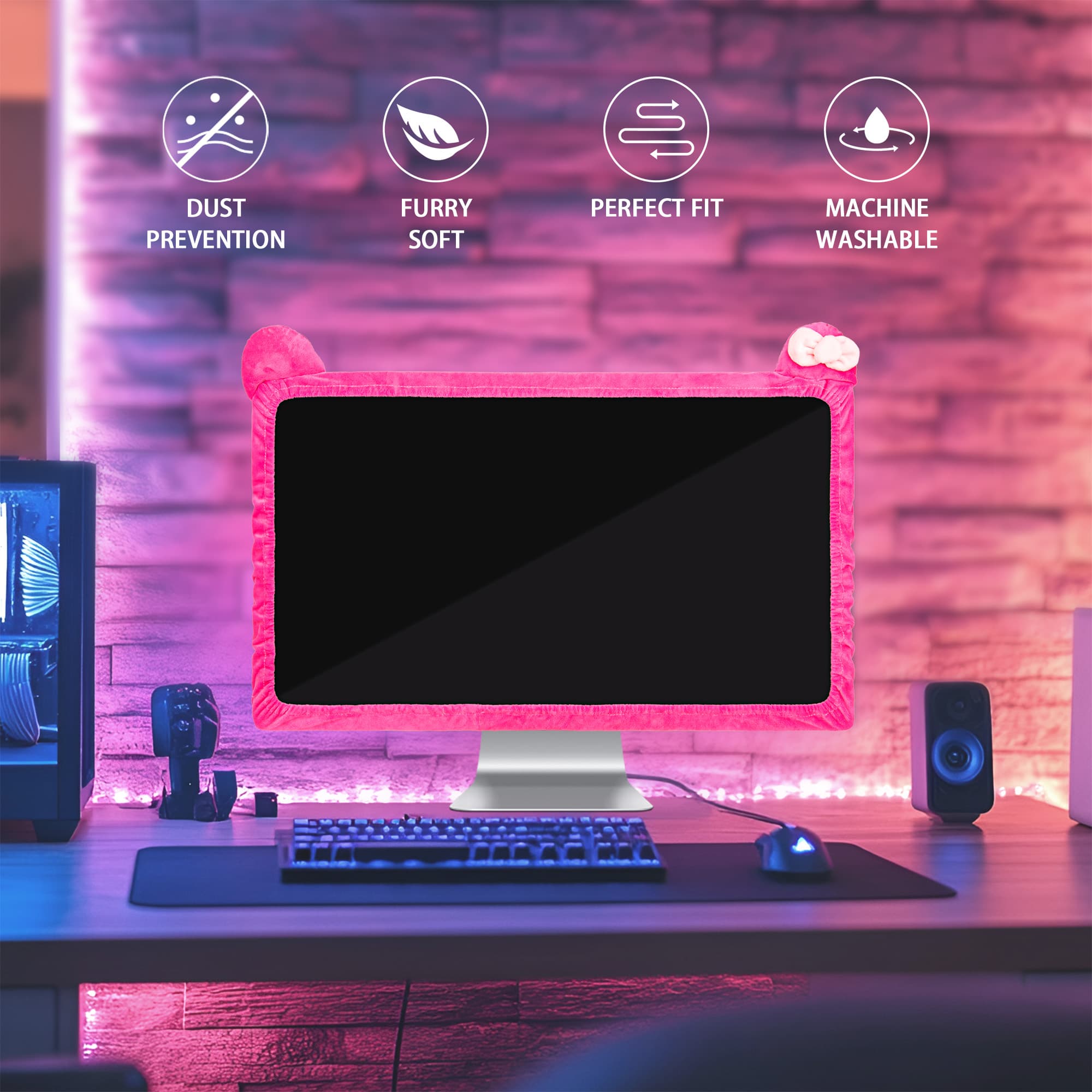 22"-27" Lovely Cute Computer Monitor Cover with Cat Ear Design, Kawaii Display Dust Cover with Furry Design, Elastic Dustproof, Suitable for PC, Tablet, TV, LCD (Rose Red) - 4