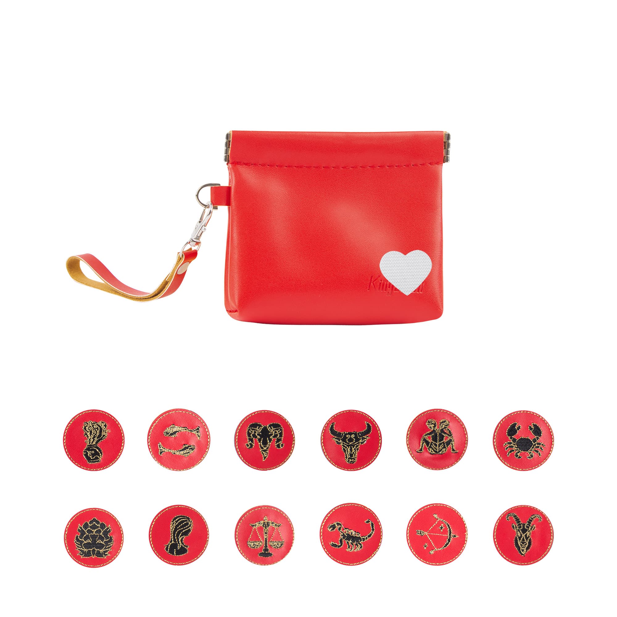 Snap Button Closure Pouch, Small Storage Organizer with Detachable Wrist Strap & 12 Constellation Badges - Self-closing Multipurpose Bag for Cosmetics, Lipstick, Earbuds, Change, Jewelry (Red)