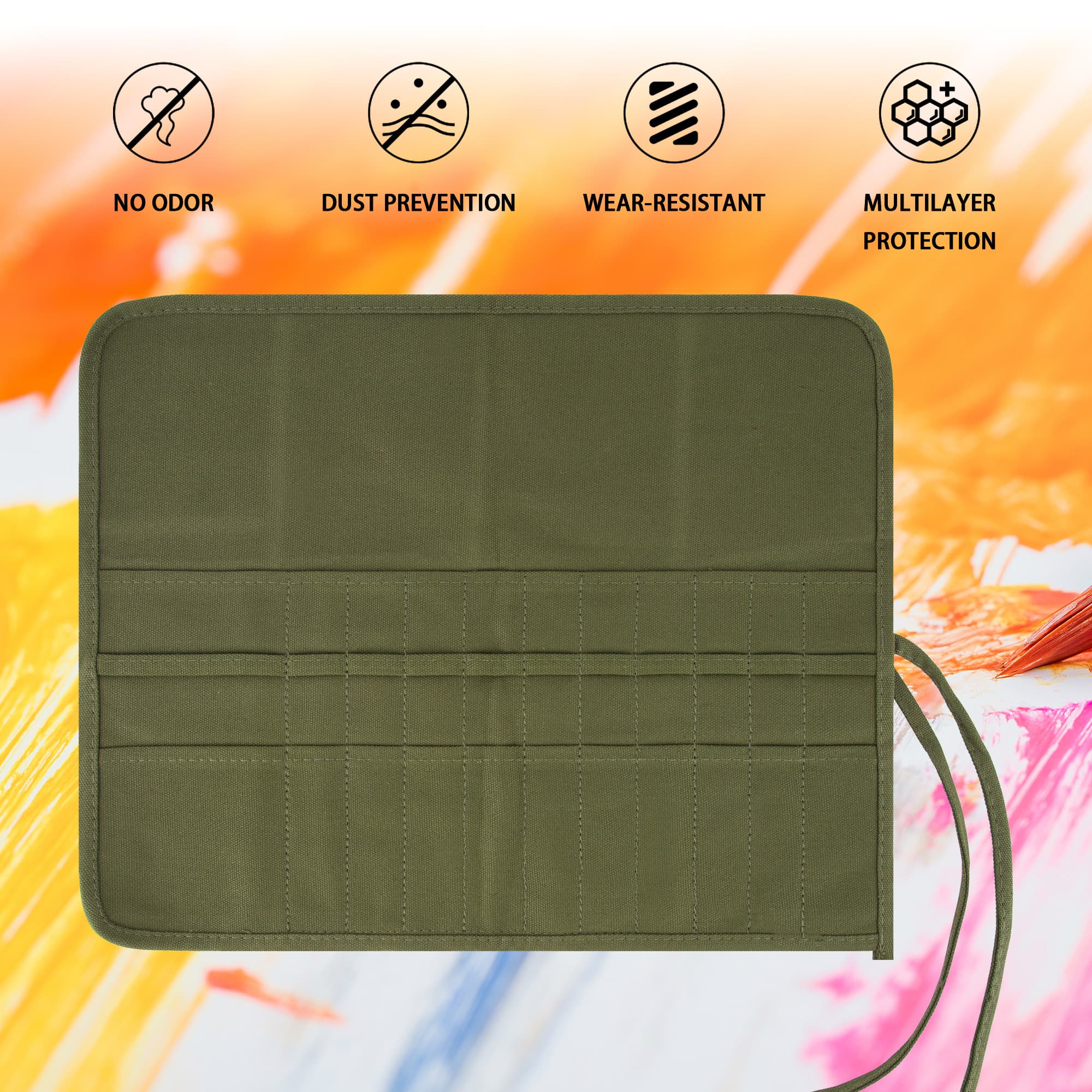 22 Slot Paint Brush Storage Bag, Canvas Roll Up Artist Paint Brush Pouch, Watercolor Gouache Oil Paint Brush Holder, Pencil Pen Storage Bag (Green) - 4