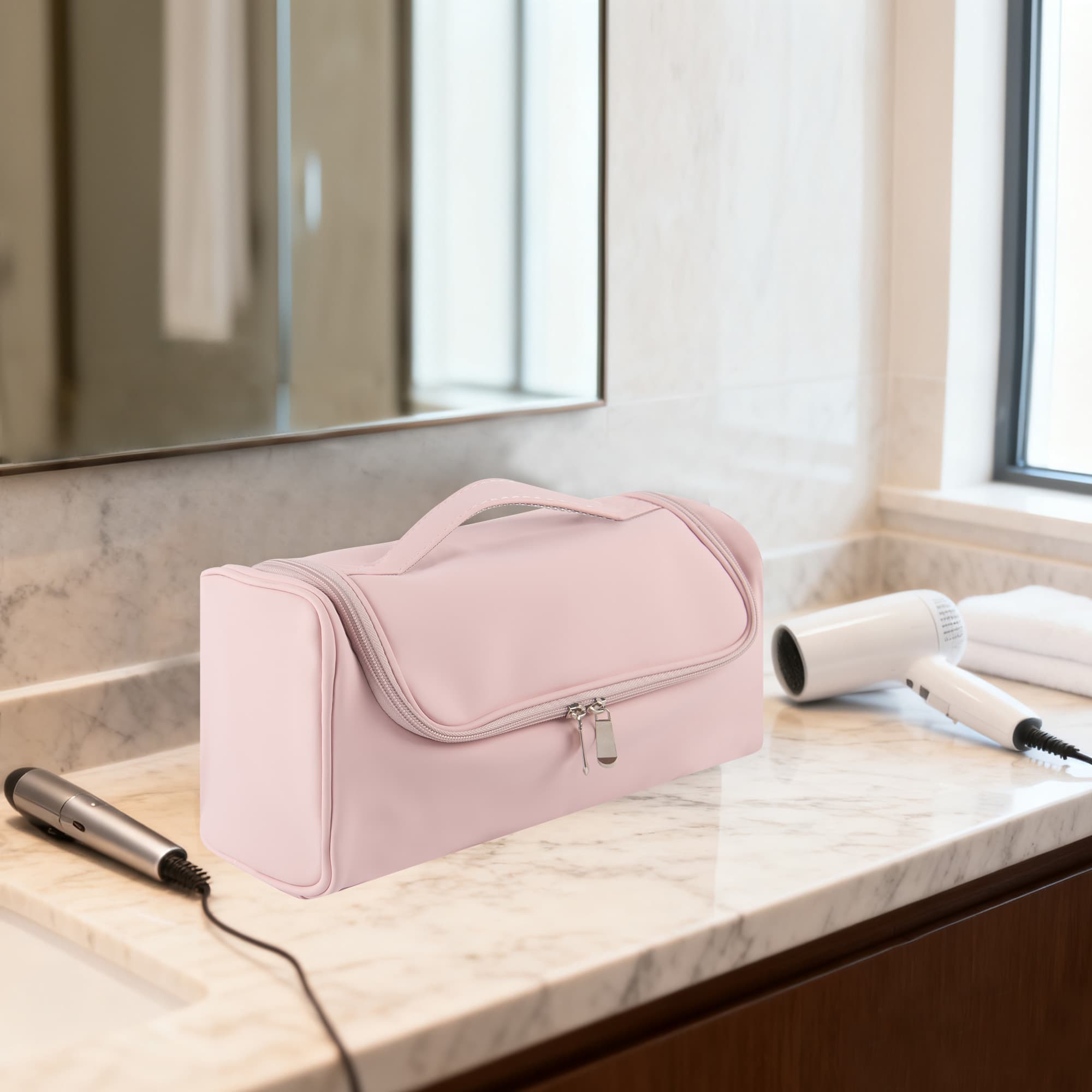 Hair Tool Organizer Case Compatible with Hair Dryer & Curling Iron - Premium Smooth PU Leather Storage Bag with Wall-Mountable Hook, Mesh Pocket, 4 Slots for Detachable Replacement Heads (Pink) - 4