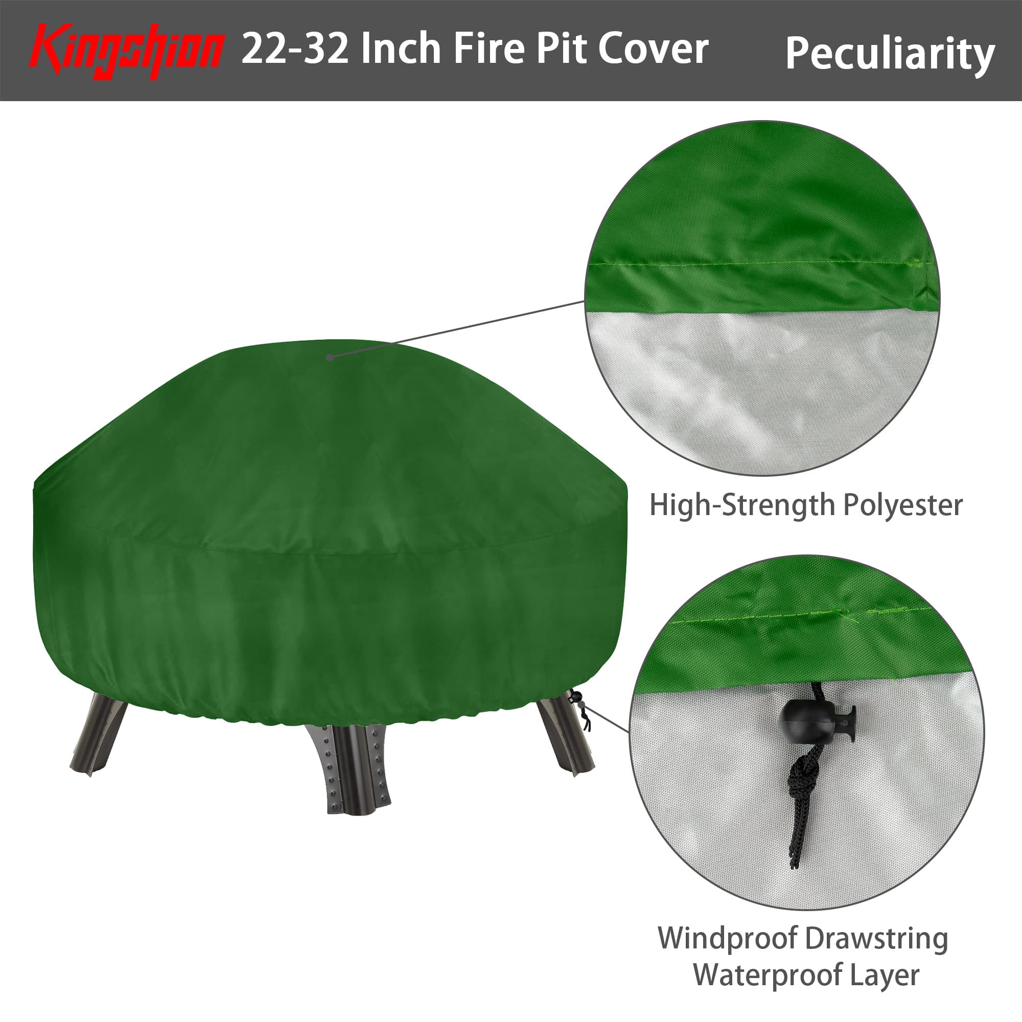 Kingshion 22-32 Inch Fire Pit Cover with Storage Bag, Dustproof Outdoor Fire Pit Table Cover,  Heavy Duty Polyester Firepit Cover Round with Windproof Drawstring & Waterproof Layer, Green - 2