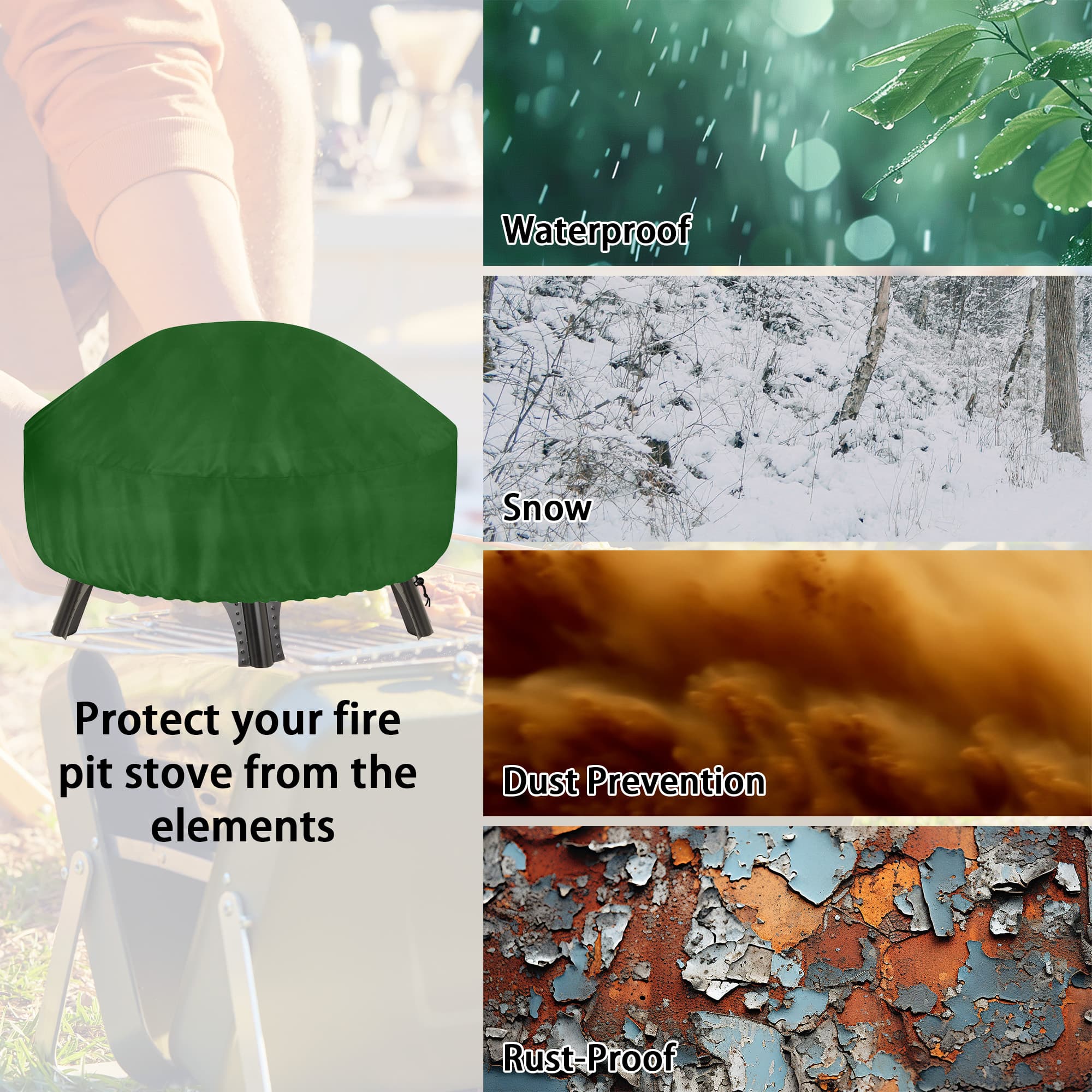 Kingshion 22-32 Inch Fire Pit Cover with Storage Bag, Dustproof Outdoor Fire Pit Table Cover,  Heavy Duty Polyester Firepit Cover Round with Windproof Drawstring & Waterproof Layer, Green - 4