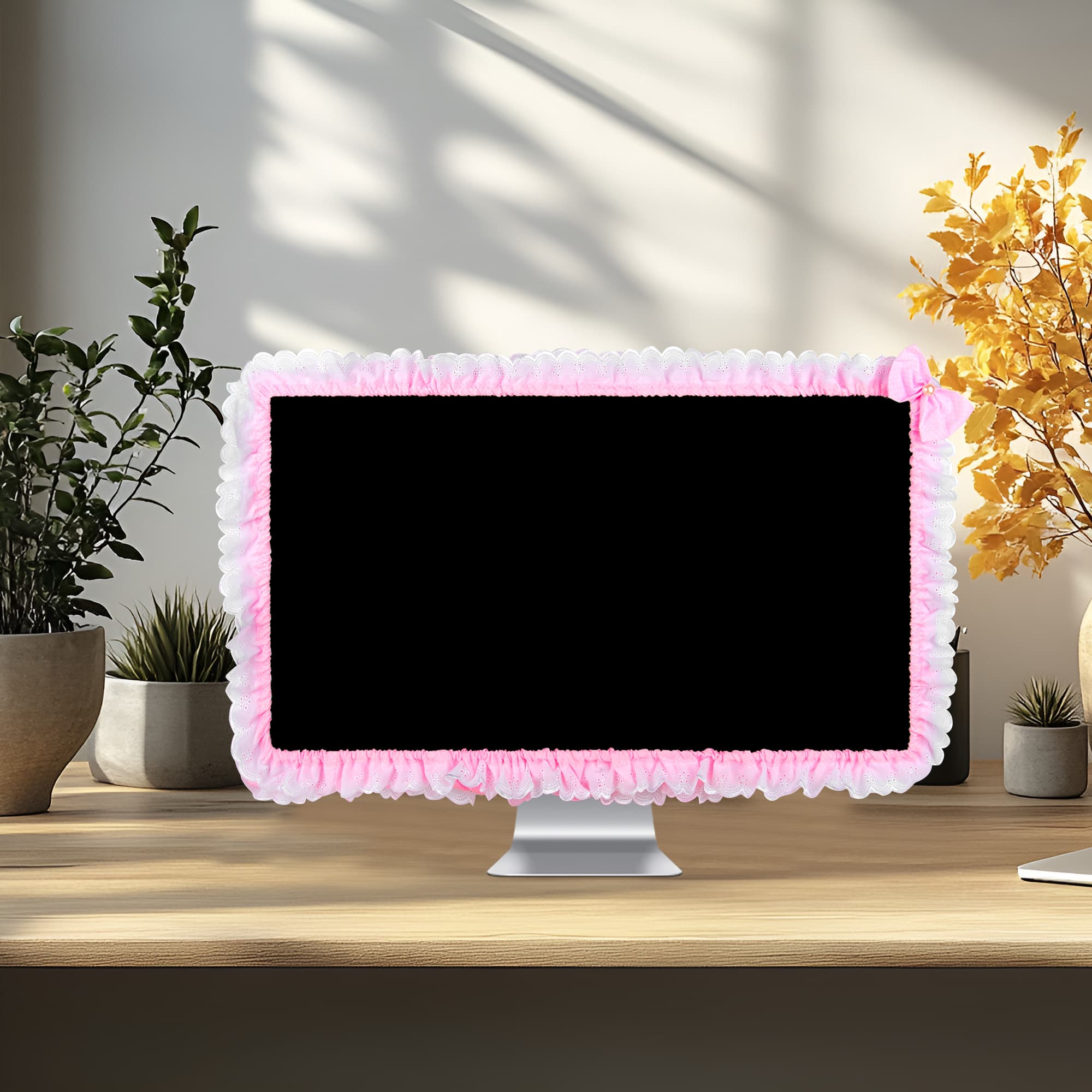 Kingshion 32"-38" Lovely Cute Computer Monitor Cover with Lovely Cute Elastic Pen Pocket Bow-knot TV LCD Screen Monitor Decoration Dust Cover Protector, Lace Fabric- Pink - 4