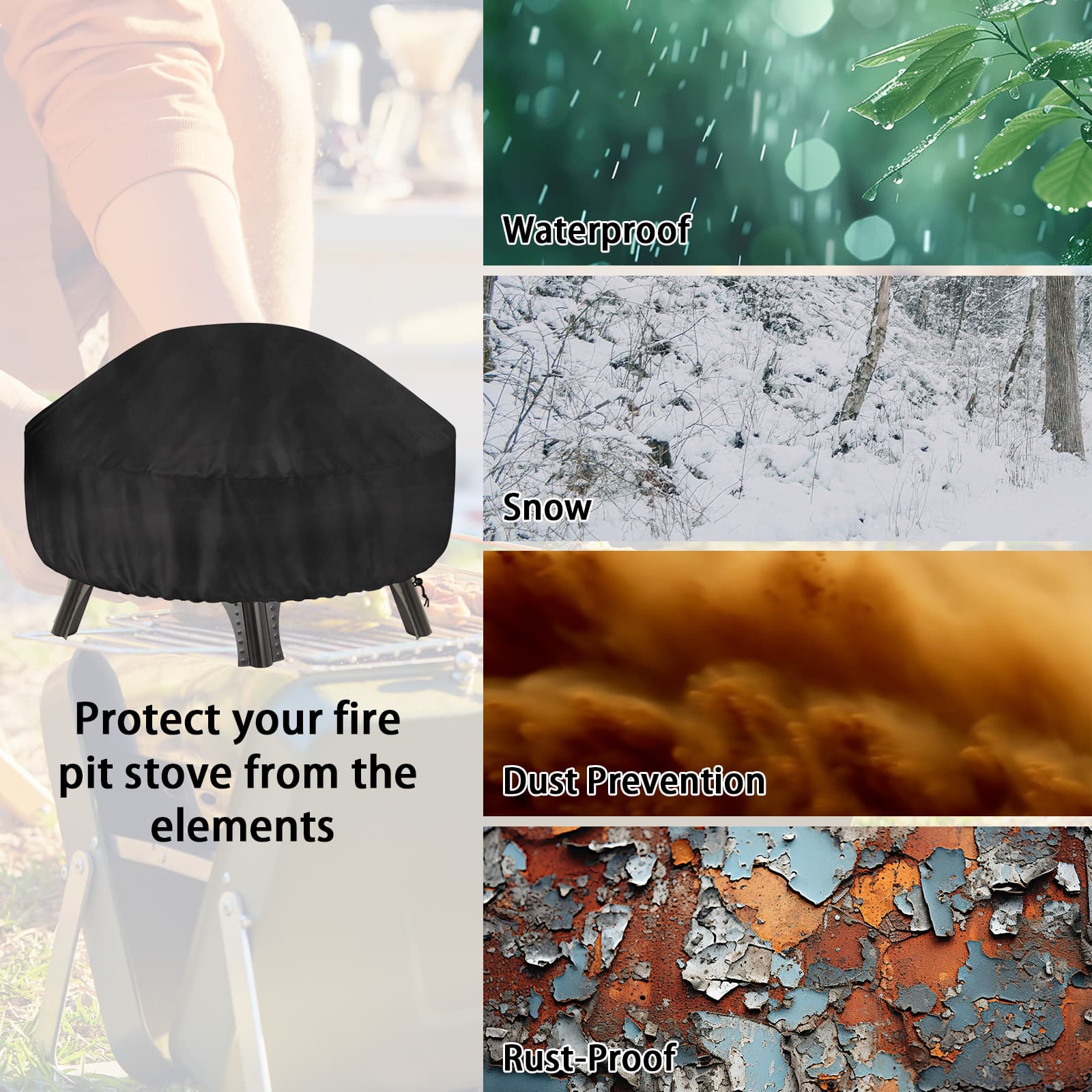 Kingshion 22-32 Inch Fire Pit Cover with Storage Bag, Dustproof Outdoor Fire Pit Table Cover,  Heavy Duty Polyester Firepit Cover Round with Windproof Drawstring & Waterproof Layer, Black - 4