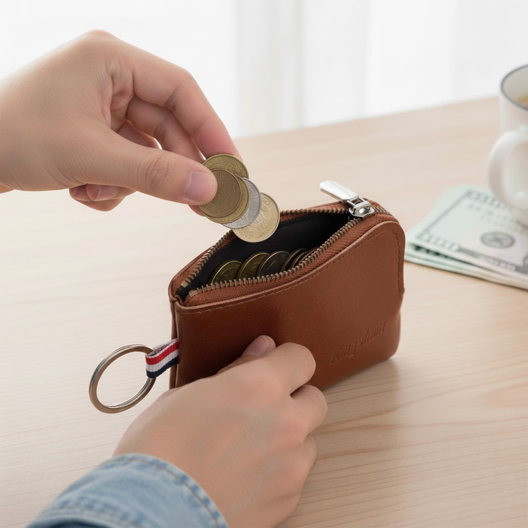 Genuine Leather Mini Coin Purse Keychain, Small Change Pouch Wallet with Clip Ring and Inner Key Holder, Compact Coin Wallet for Keys, Coins, Cash (Brown) - 5