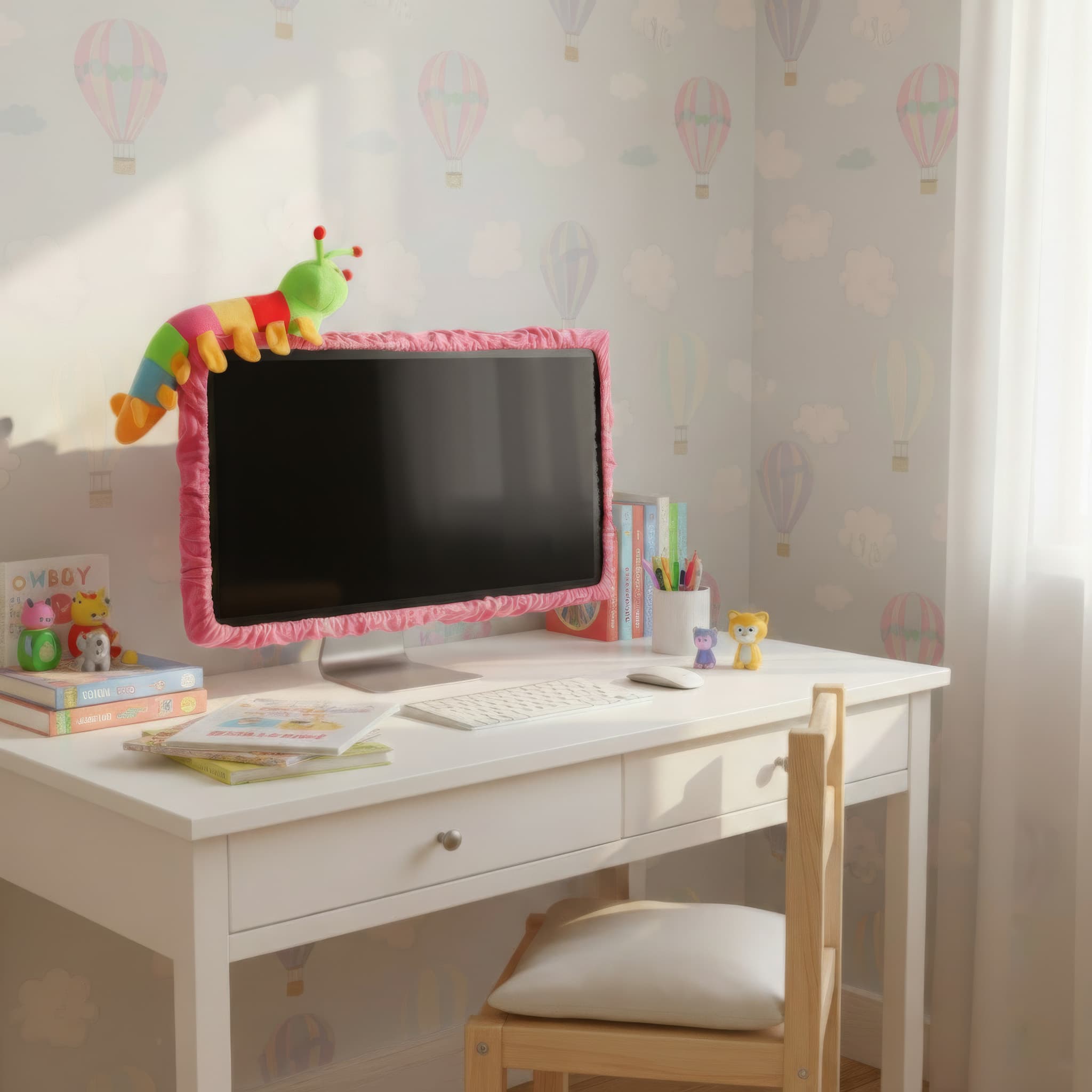 32" Lovely Cute Caterpillar Computer Monitor Cover with Elastic, TV LCD Screen Monitor Decoration Dust Cover Protector, Pink - 3