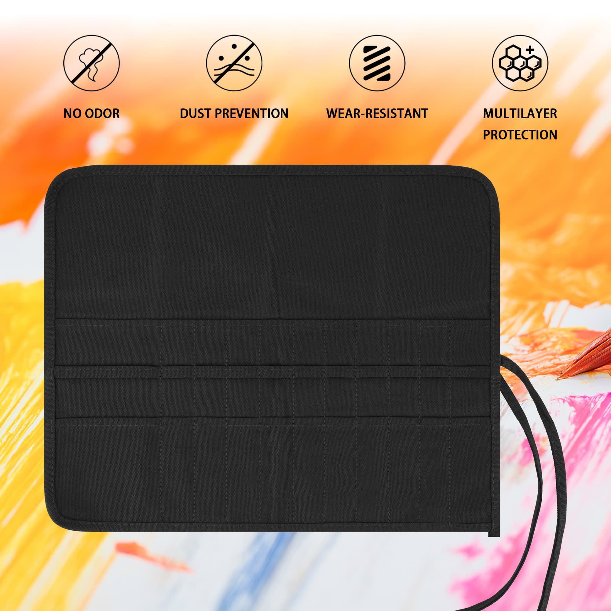 Kingshion 22 Slot Paint Brush Storage Bag, Canvas Roll Up Artist Paint Brush Pouch, Watercolor Gouache Oil Paint Brush Holder, Pencil Pen Storage Bag (Black) - 4
