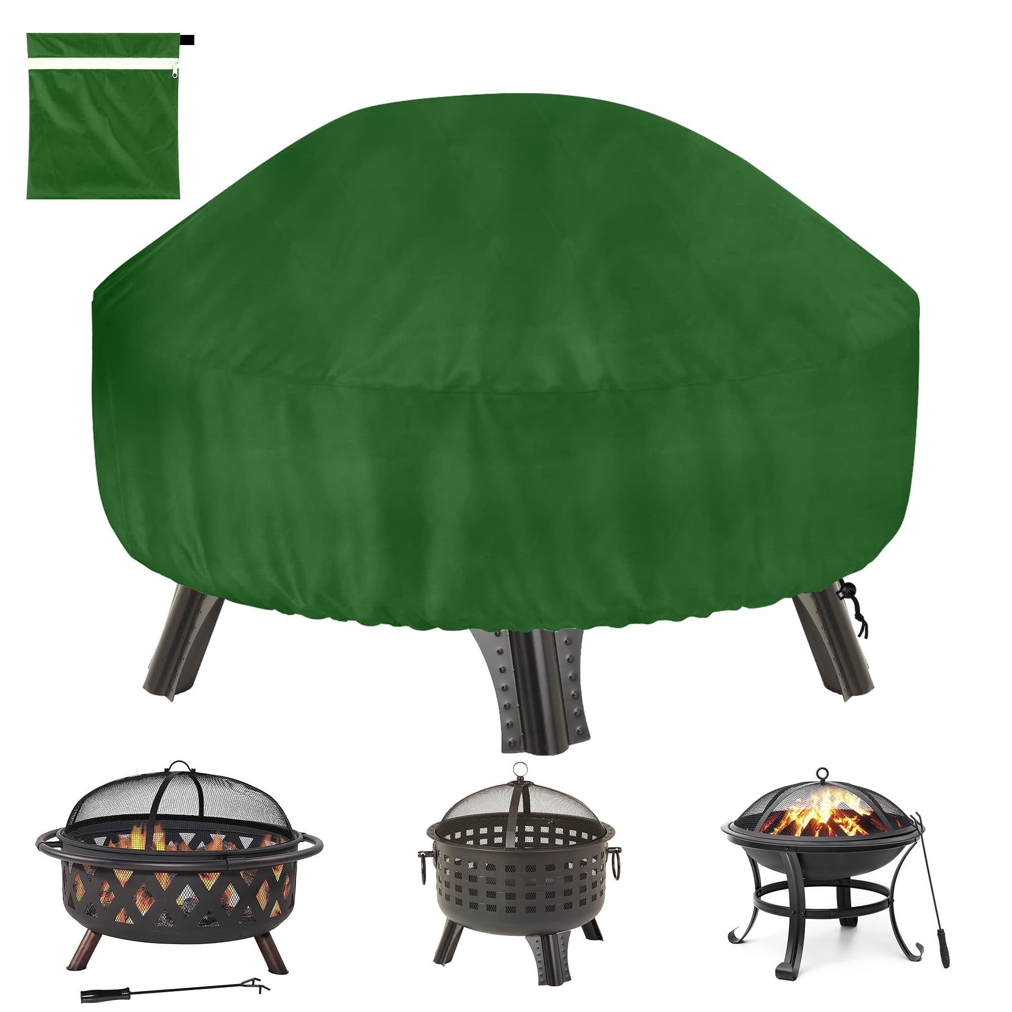 Kingshion 22-32 Inch Fire Pit Cover with Storage Bag, Dustproof Outdoor Fire Pit Table Cover,  Heavy Duty Polyester Firepit Cover Round with Windproof Drawstring & Waterproof Layer, Green