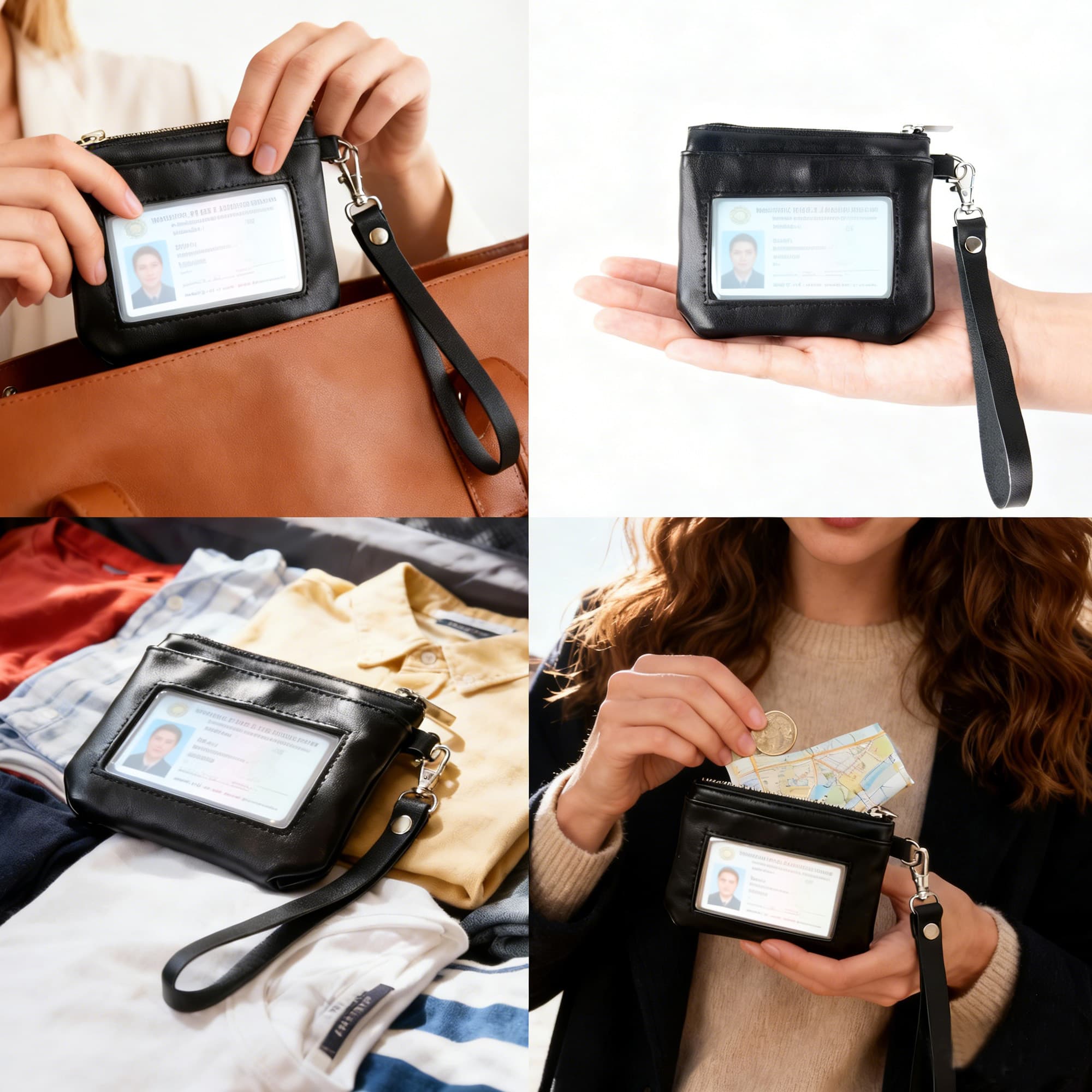 Mini Handheld Coin Purse Wallet with Detachable Wrist Strap - PU Leather Small Wallet with Front Transparent ID Window, Top Large Cash Zipper Compartment, Back Double Zipper Pockets for Cards & Coins - 6