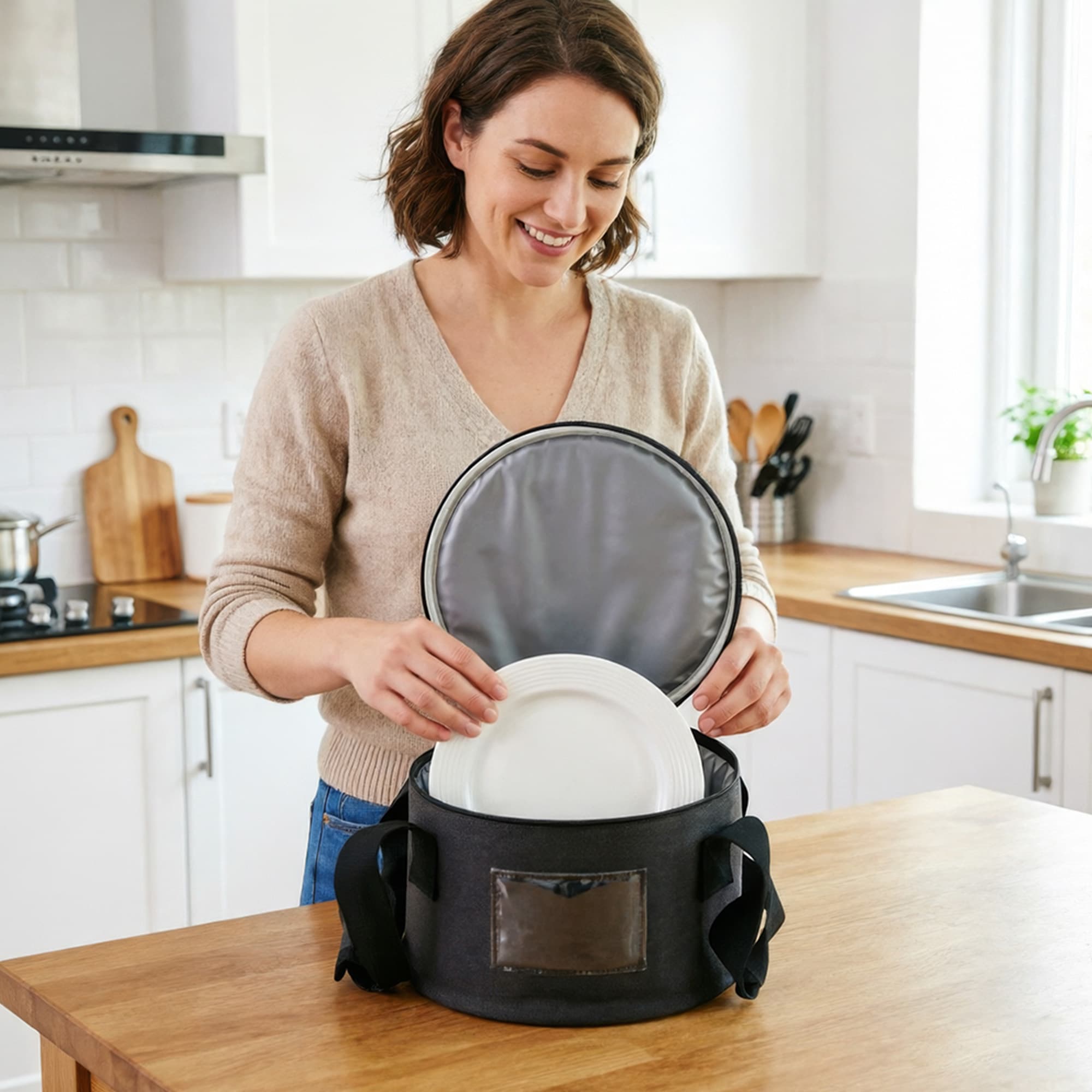 26cm Diameter China Saucer Plate Storage Bag with Pearl Cotton Inner and Scratch-proof Cloth, Practical Portable Plate Container - 4