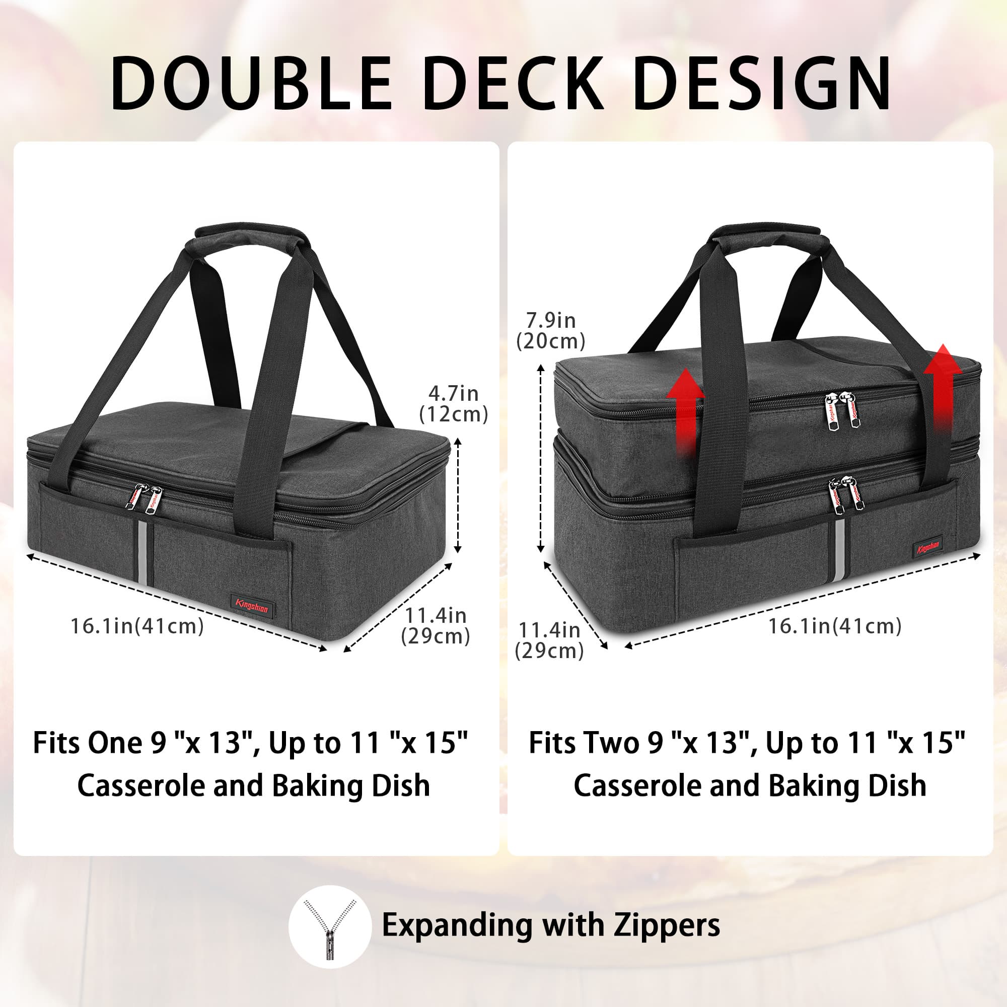 Double Decker Insulated Casserole Carrier for Hot or Cold Food, Expandable Thermal Food Carrier, Lasagna Holder Tote for Potluck Parties, Picnic, Cookouts, Beach Fits 9"x13" and 11"x15" Baking Dish - 1