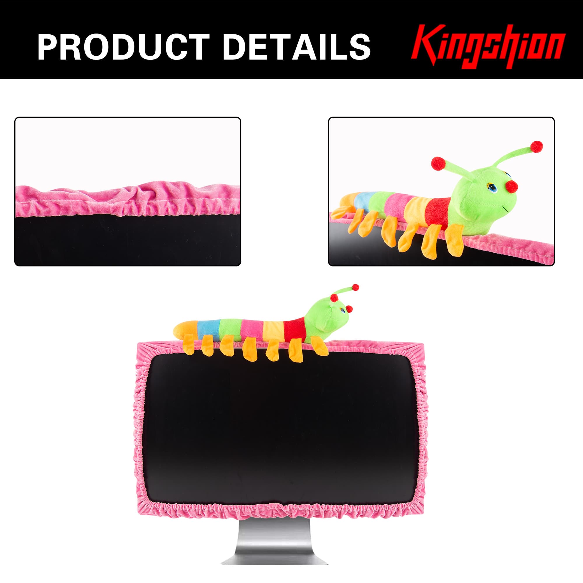 32" Lovely Cute Caterpillar Computer Monitor Cover with Elastic, TV LCD Screen Monitor Decoration Dust Cover Protector, Pink - 1