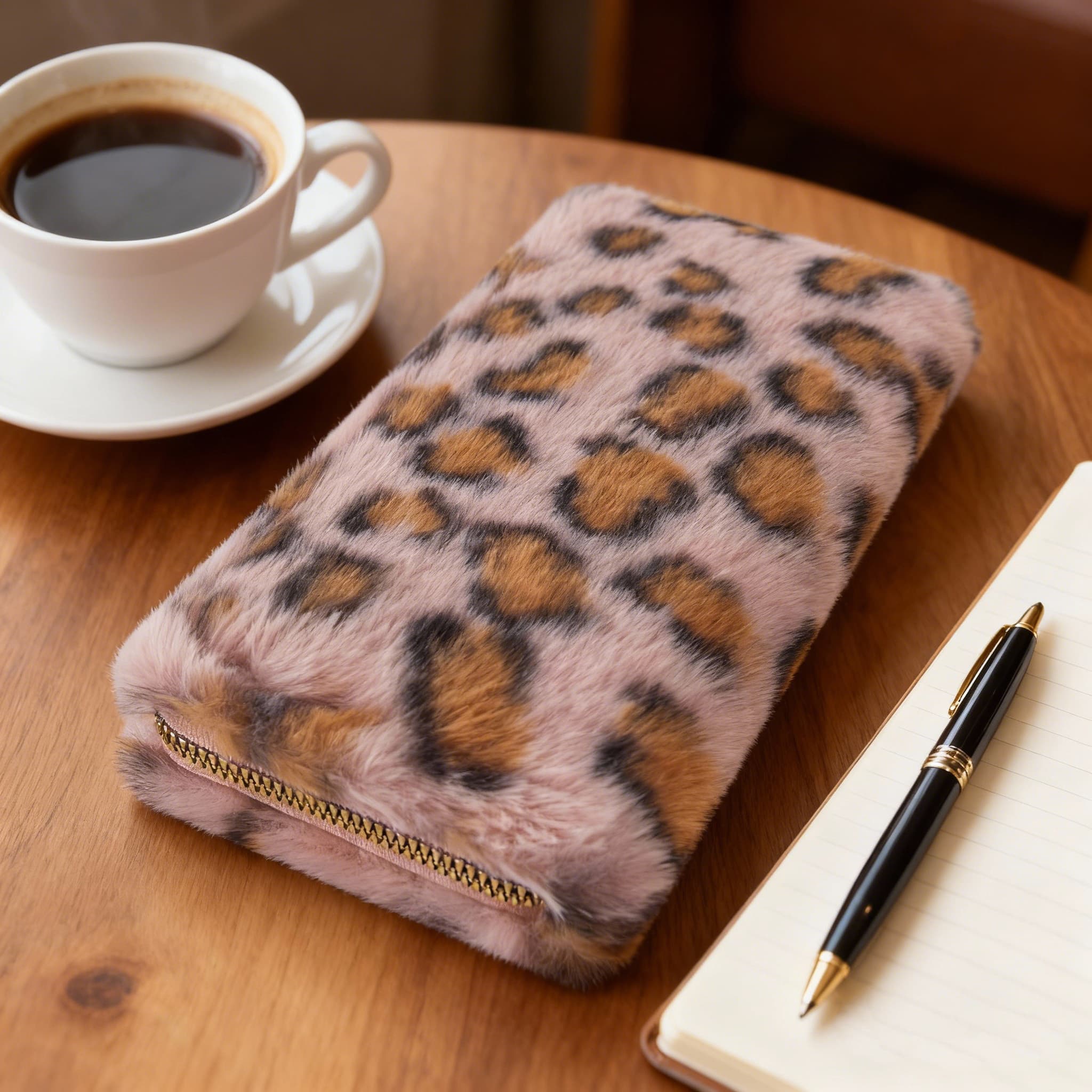 Leopard Print Fuzzy Clutch Wallet - Plush Faux Fur Handbag with 5 Bill Compartment, 8 Card Slots & Zipper Coin Pocket, Durable Scratch Prevention Multi-Pocket Handle Purse for Women (Pink) - 5