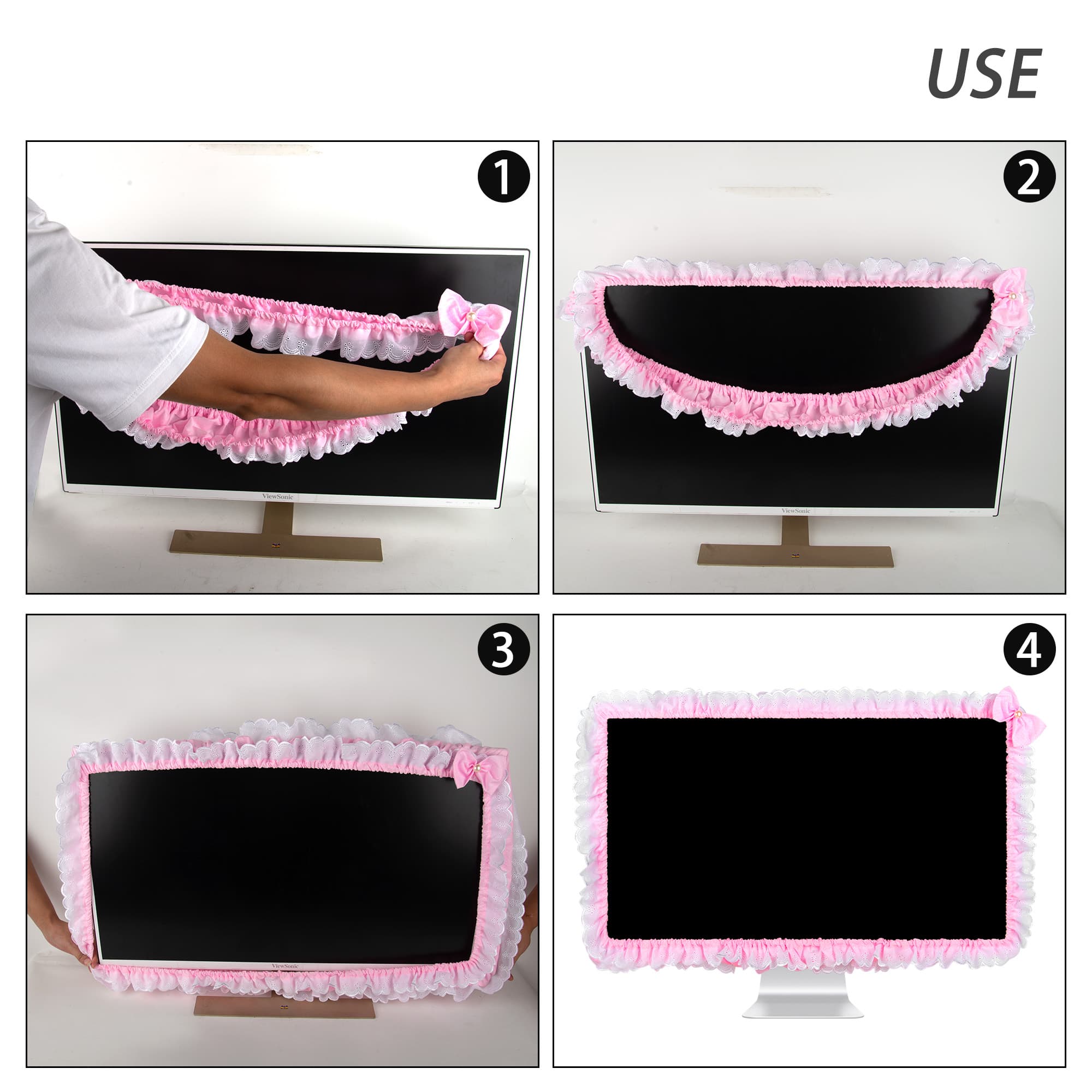 Kingshion 32"-38" Lovely Cute Computer Monitor Cover with Lovely Cute Elastic Pen Pocket Bow-knot TV LCD Screen Monitor Decoration Dust Cover Protector, Lace Fabric- Pink - 3