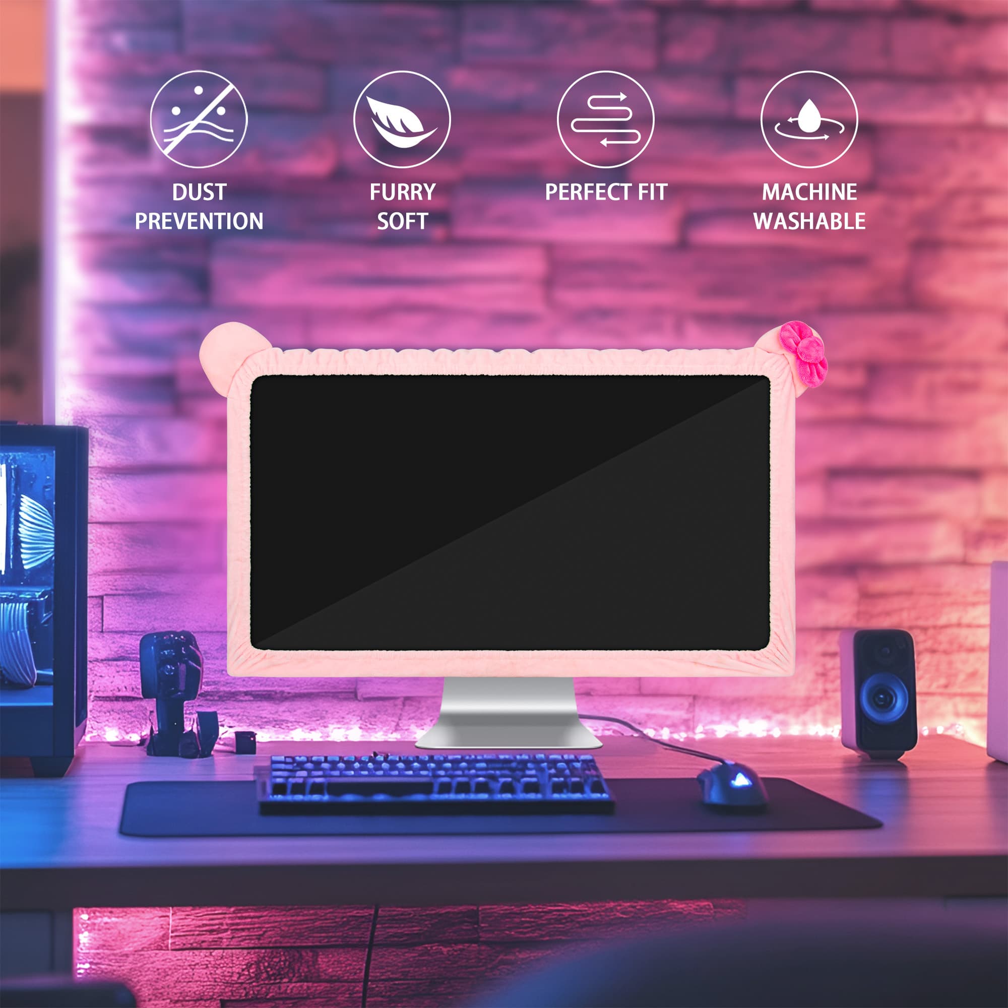 27"-34" Lovely Cute Computer Monitor Cover with Cat Ear Design, Kawaii Display Dust Cover with Furry Design - 3