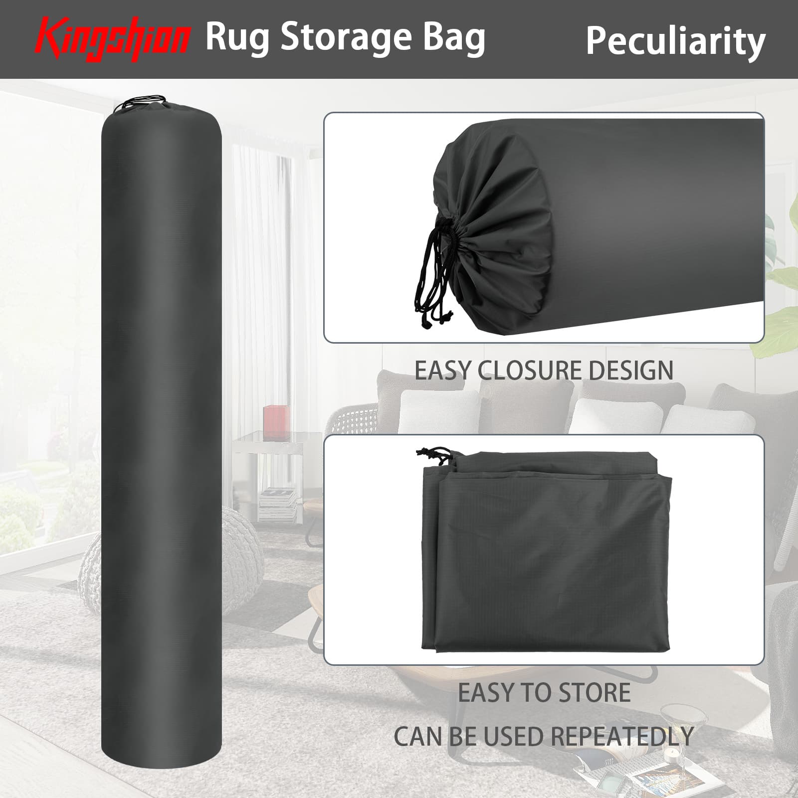 Kingshion 90 In Rug Storage Bag, Heavy Duty Waterproof & Dustproof Storage Bag, Large Polyester Drawstring Rug Storage Bag, Compatible with Rugs up to 6 x 9 Ft, Protection for Rolled Rug 20 x 90.5 In - 2