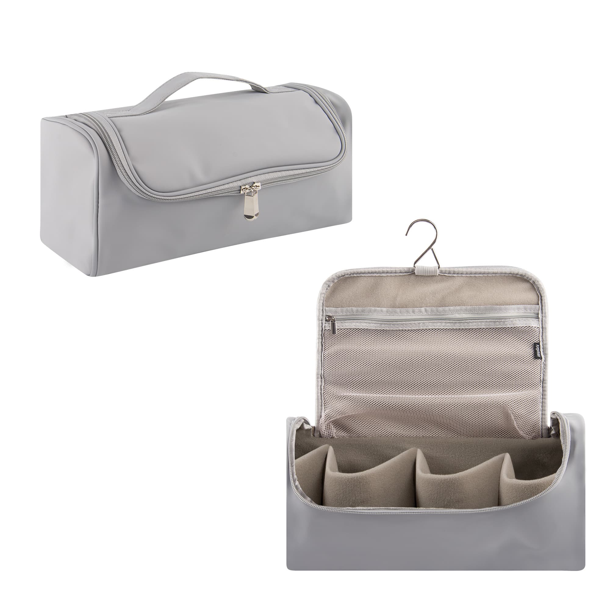 Hair Tool Organizer Case Compatible with Hair Dryer & Curling Iron - Premium Smooth PU Leather Storage Bag with Wall-Mountable Hook, Mesh Pocket, 4 Slots for Detachable Replacement Heads (Gray)